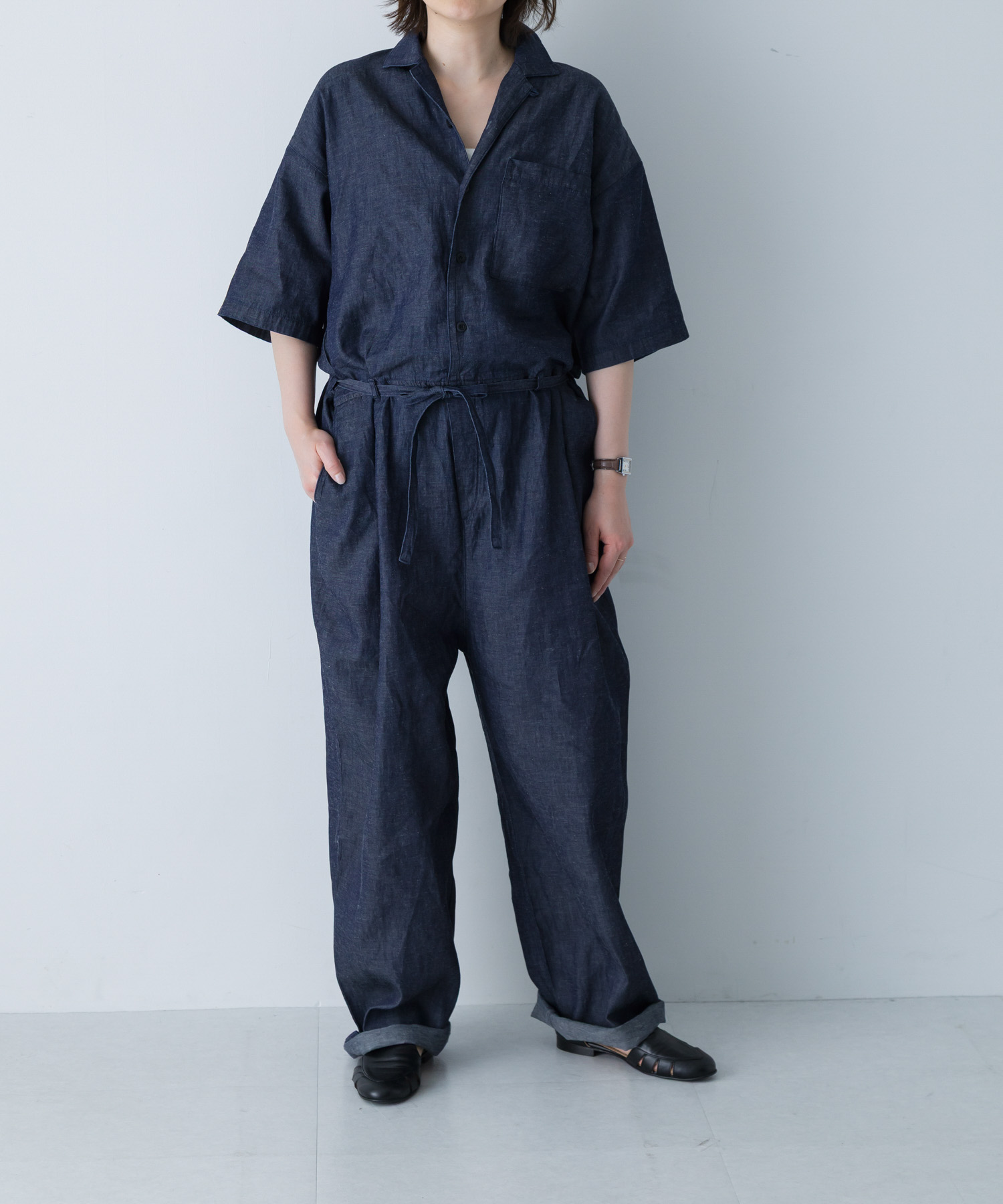 綿麻デニムハーフスリーブオールインワン