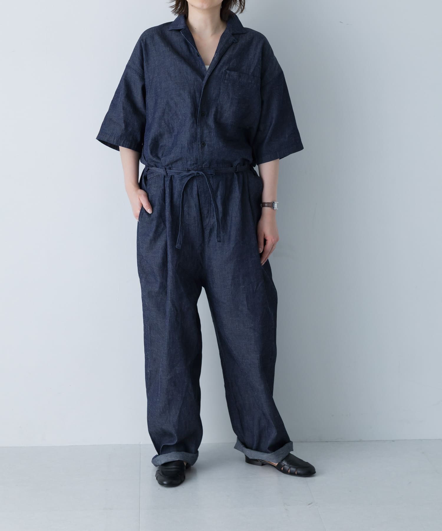 綿麻デニムハーフスリーブオールインワン