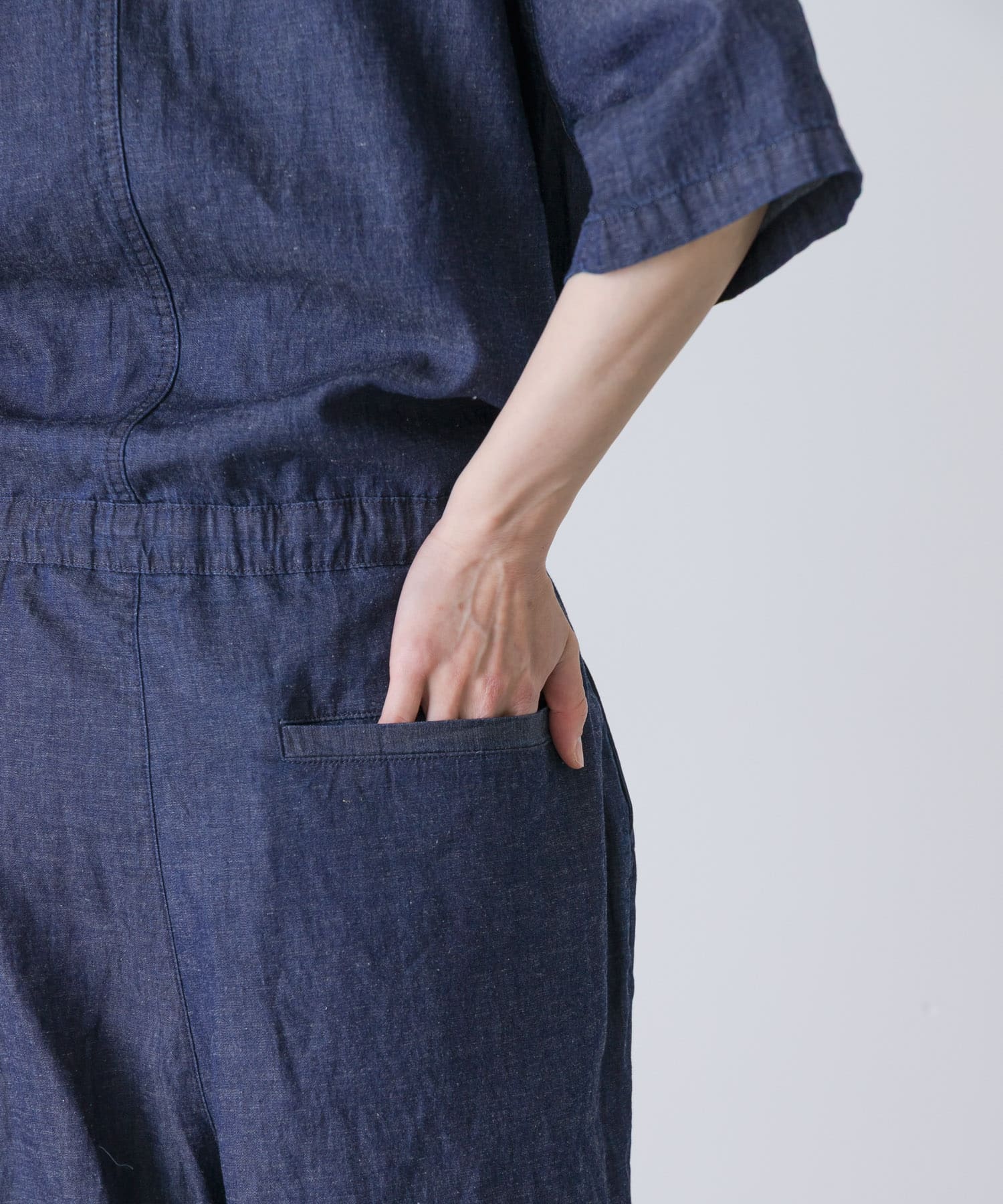 綿麻デニムハーフスリーブオールインワン INDIGO Free
