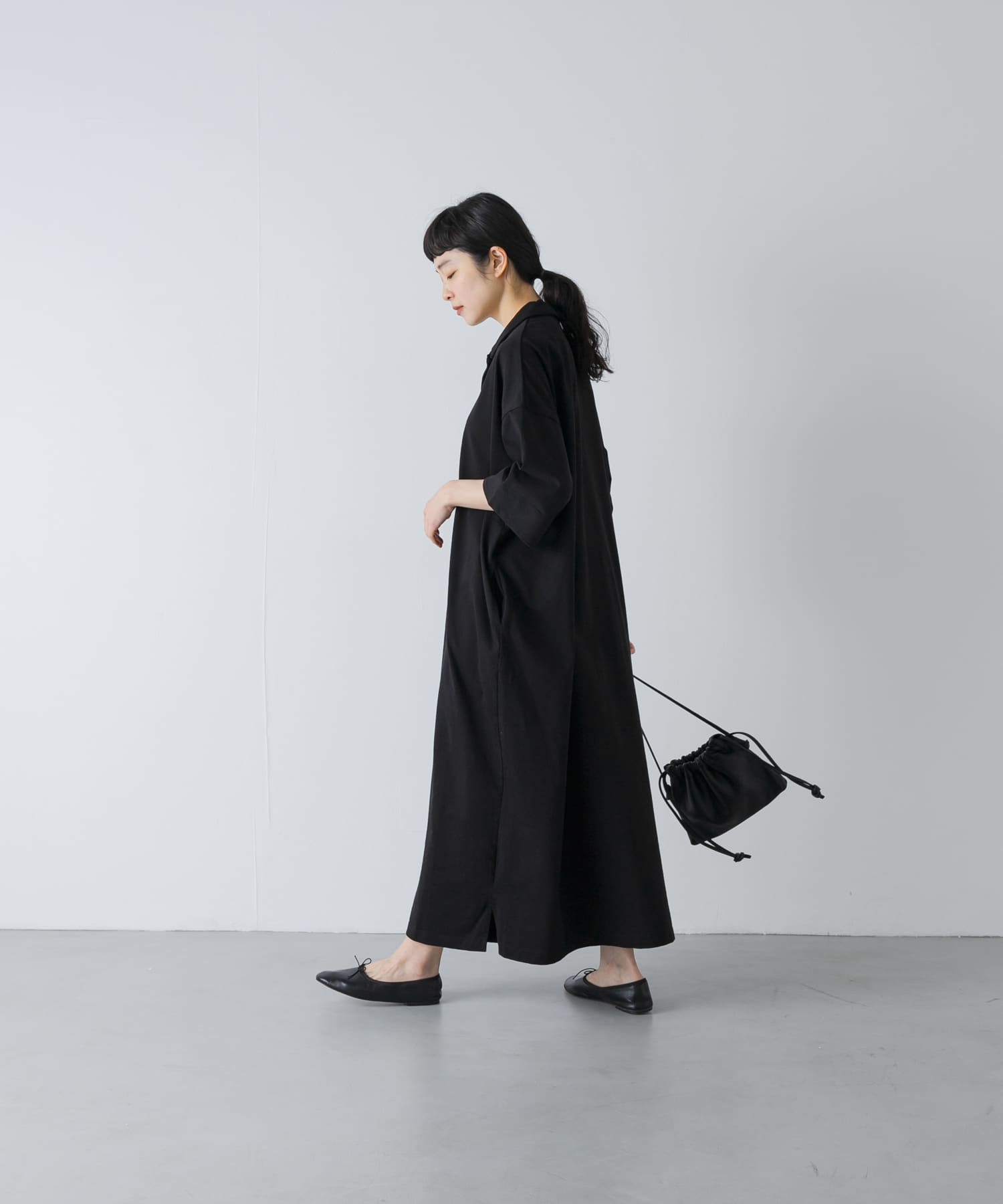 『2サイズ展開』オープンカラーカットワンピース BLACK 1