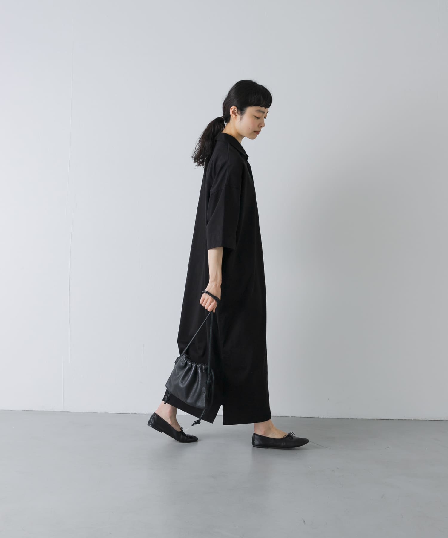 『2サイズ展開』オープンカラーカットワンピース BLACK 1
