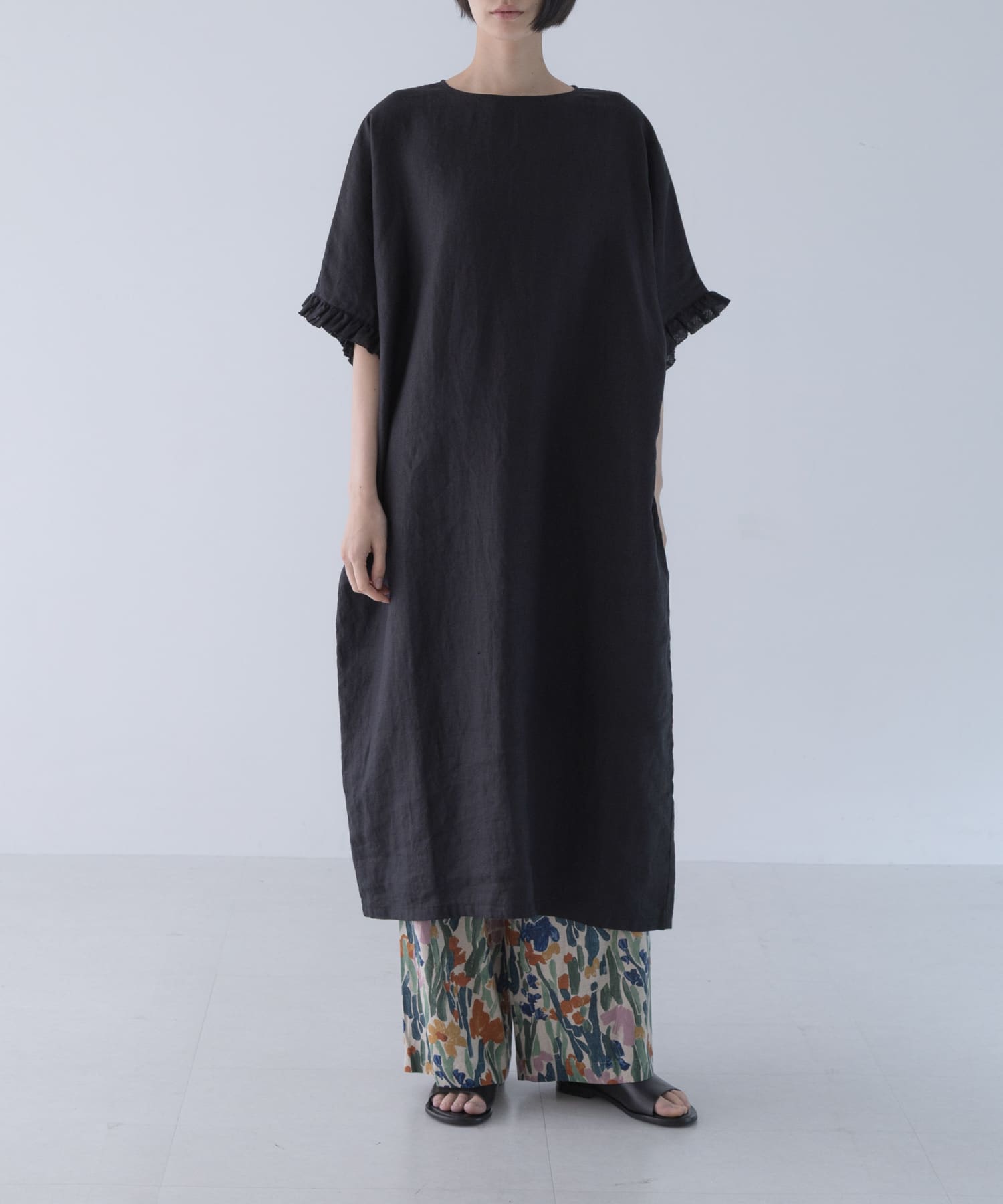 2サイズ展開』リネンフリルスリーブワンピース(0 BLACK): ワンピース