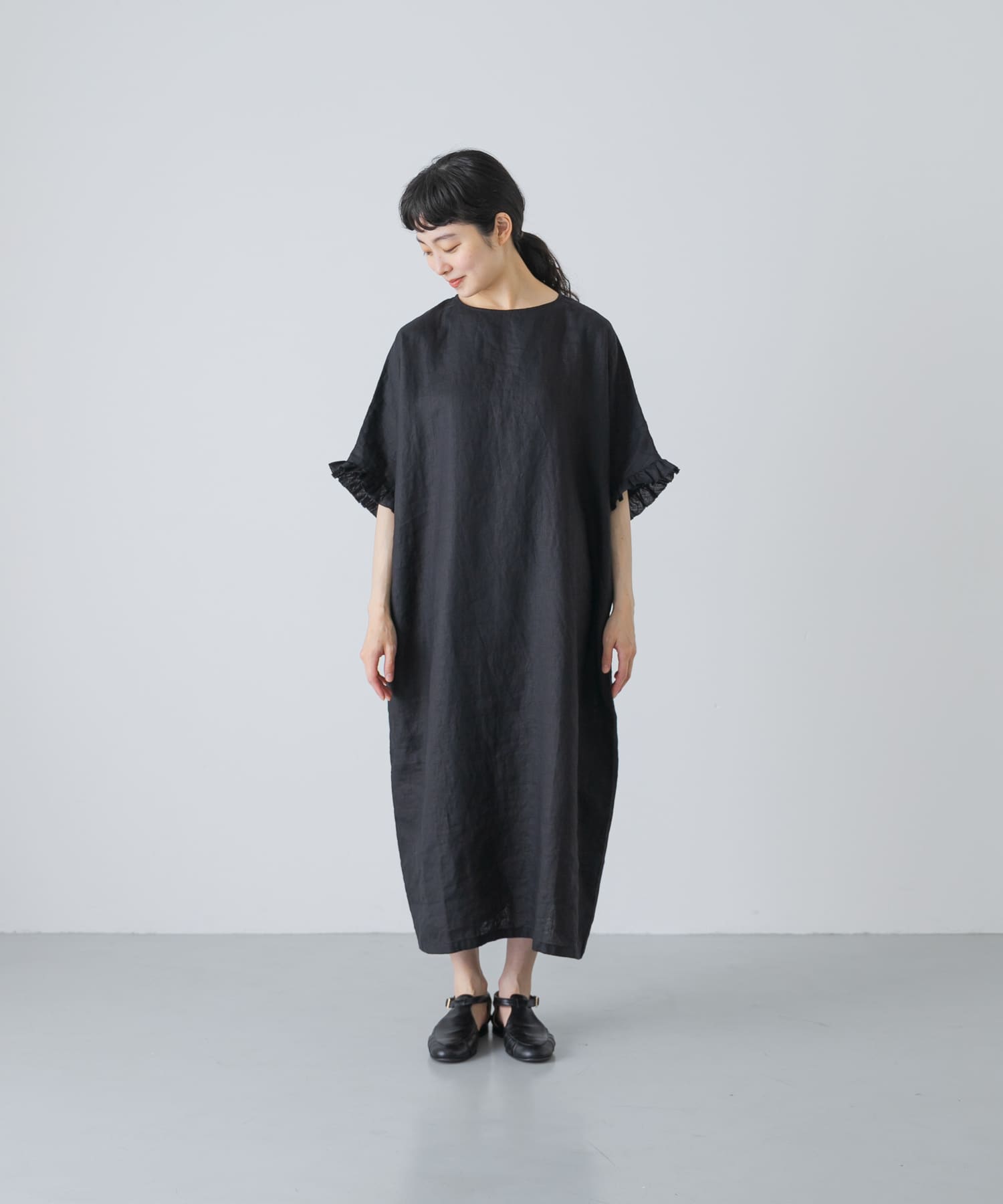 2サイズ展開』リネンフリルスリーブワンピース(0 BLACK): ワンピース