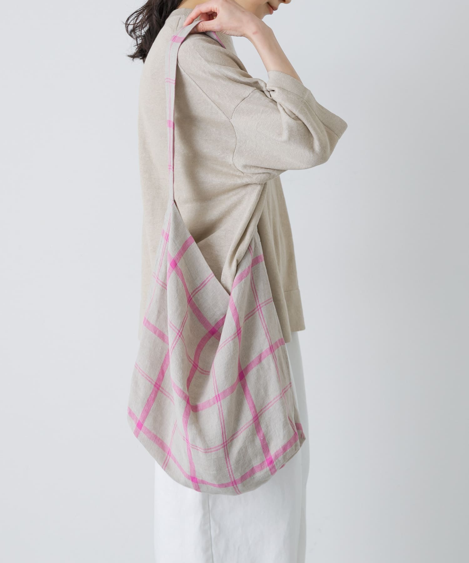 リネンチェックショルダーバッグ