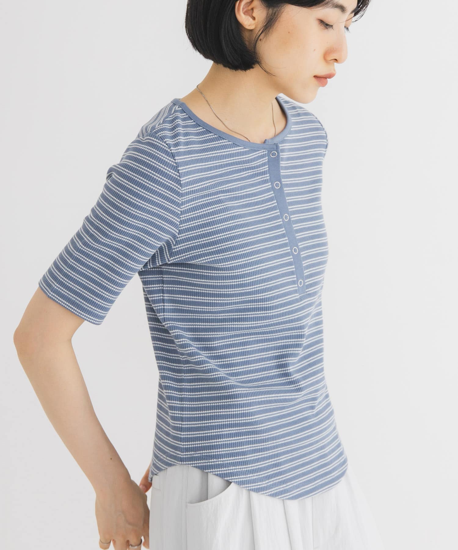 ワッフルボーダーヘンリネックTEE