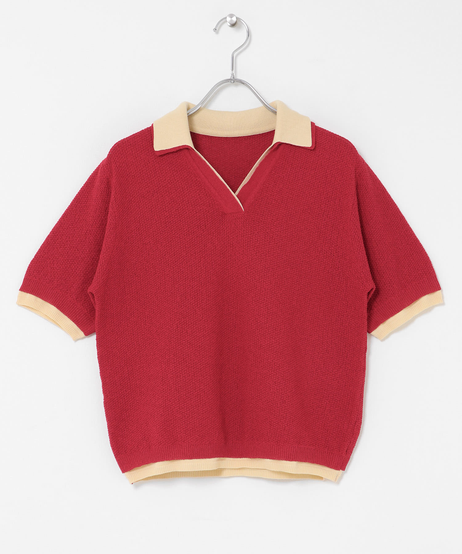 レイヤードライクニットシャツ RED×CREAM One