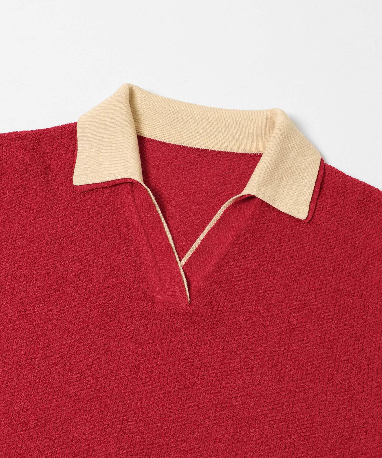 レイヤードライクニットシャツ RED×CREAM One