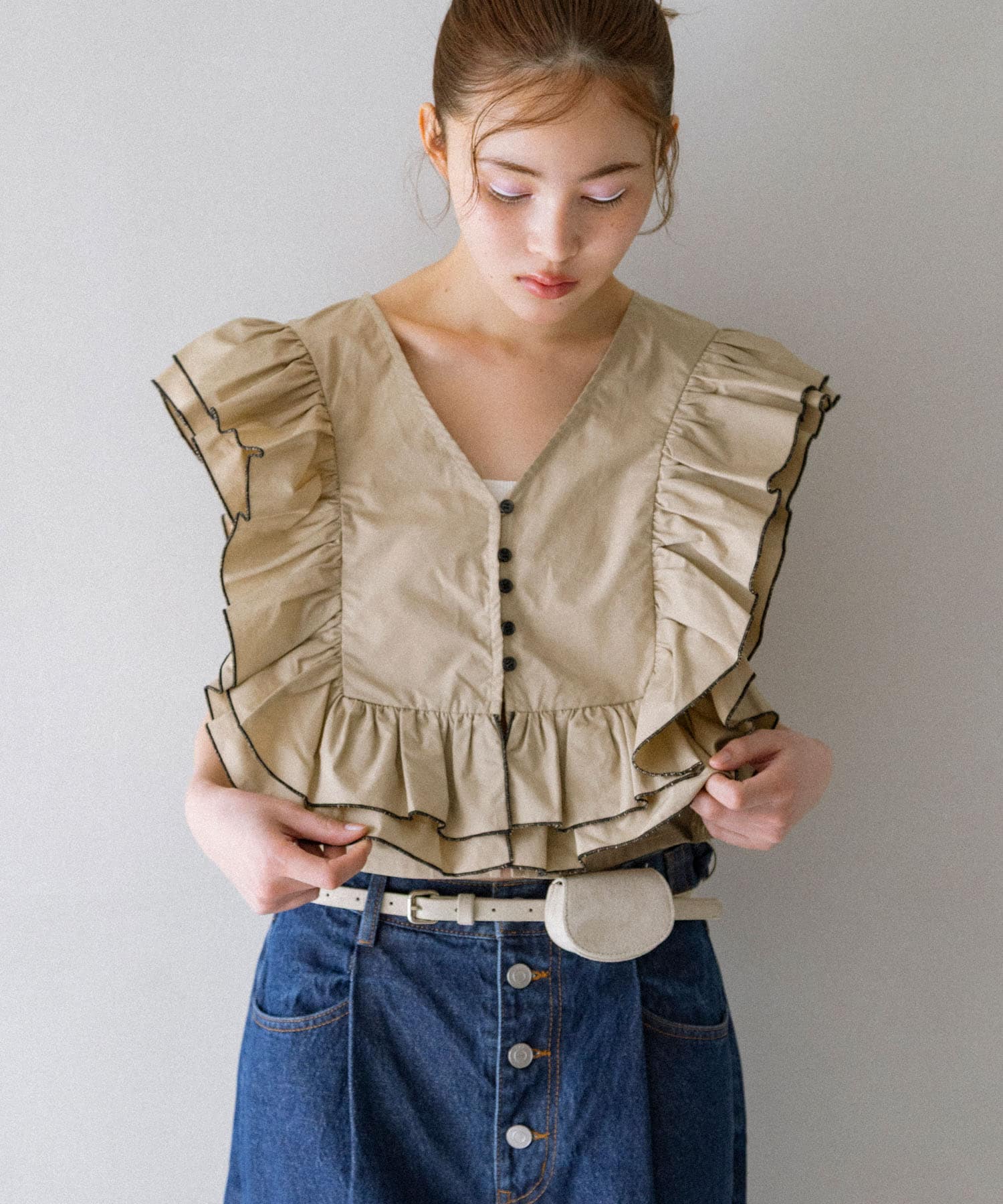 2WAYバイカラーフリルブラウス