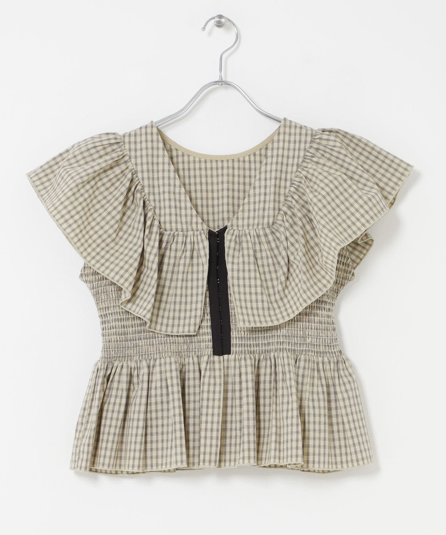 フロントホックチェックフリルブラウス BEIGE×BLK One