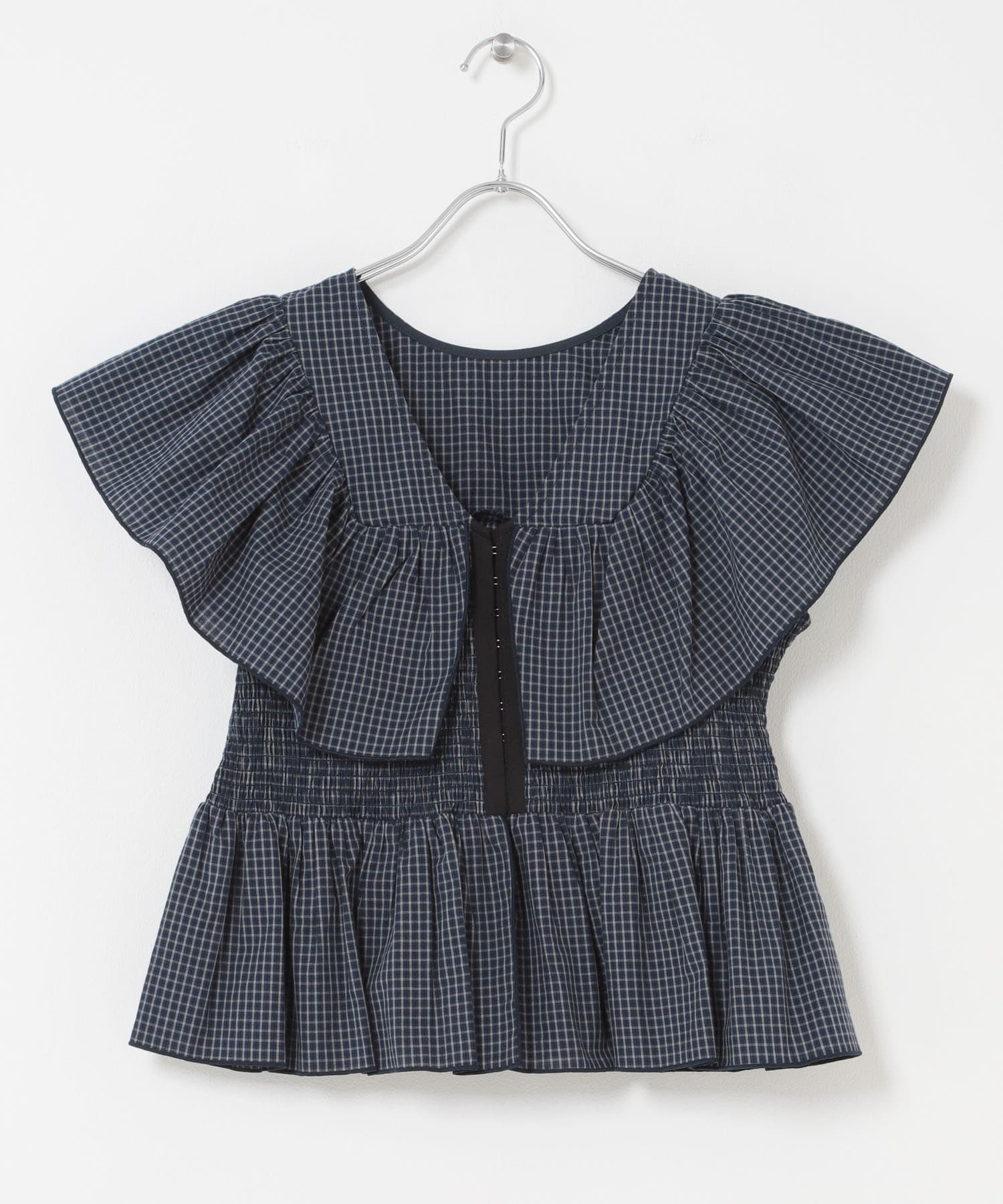 フロントホックチェックフリルブラウス NAVY×GRAY One