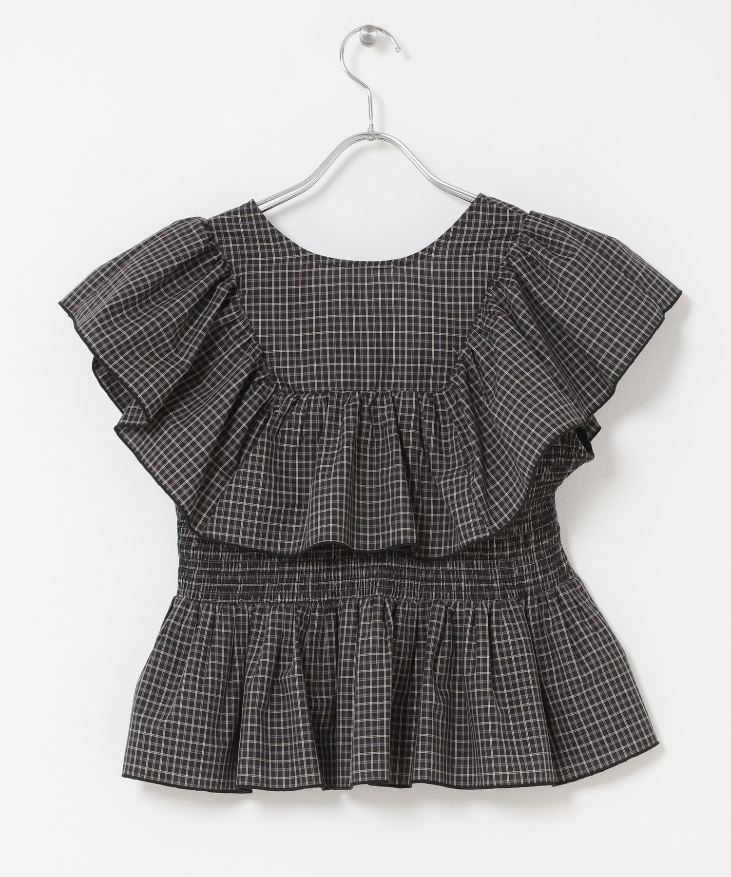フロントホックチェックフリルブラウス BLACK×IVO One