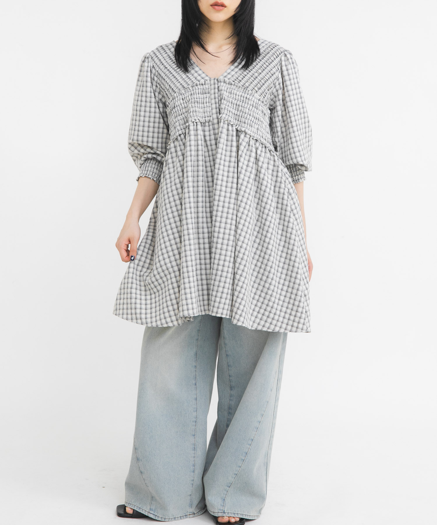 2WAYシャーリングチェックミニワンピース