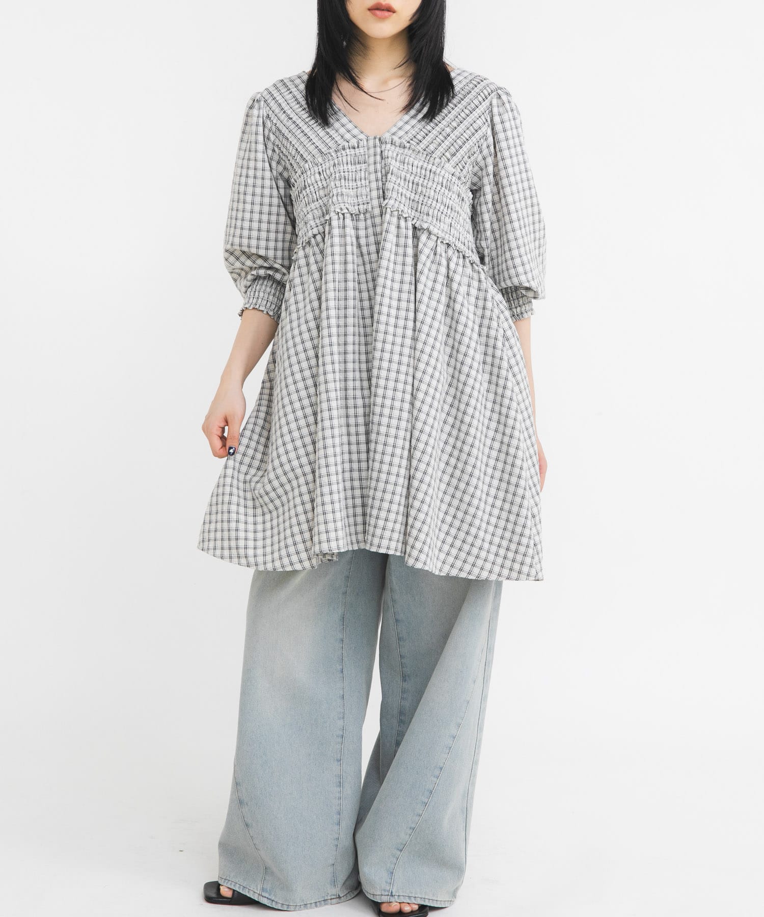 2WAYシャーリングチェックミニワンピース