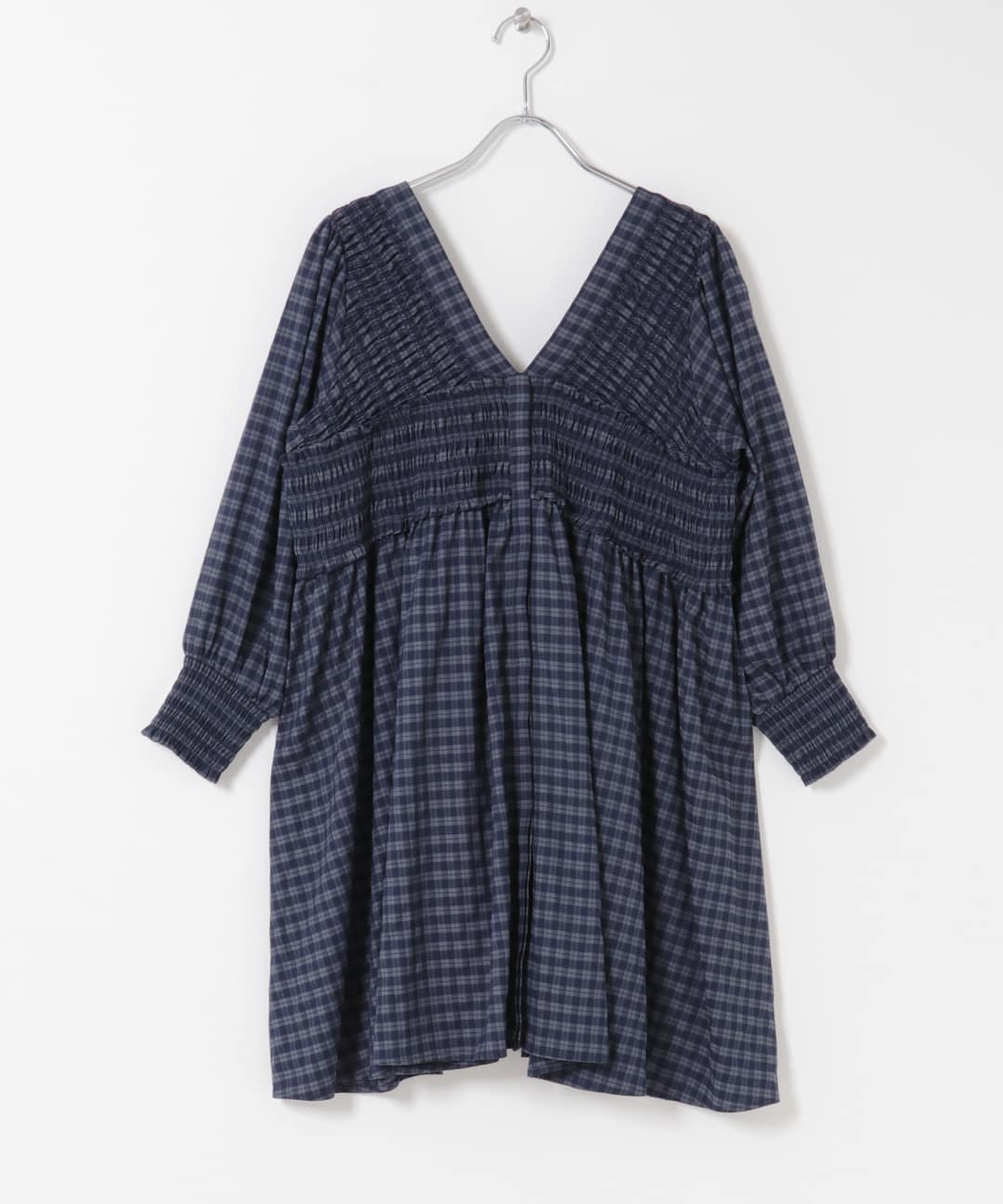 2WAYシャーリングチェックミニワンピース NAVY MIX One