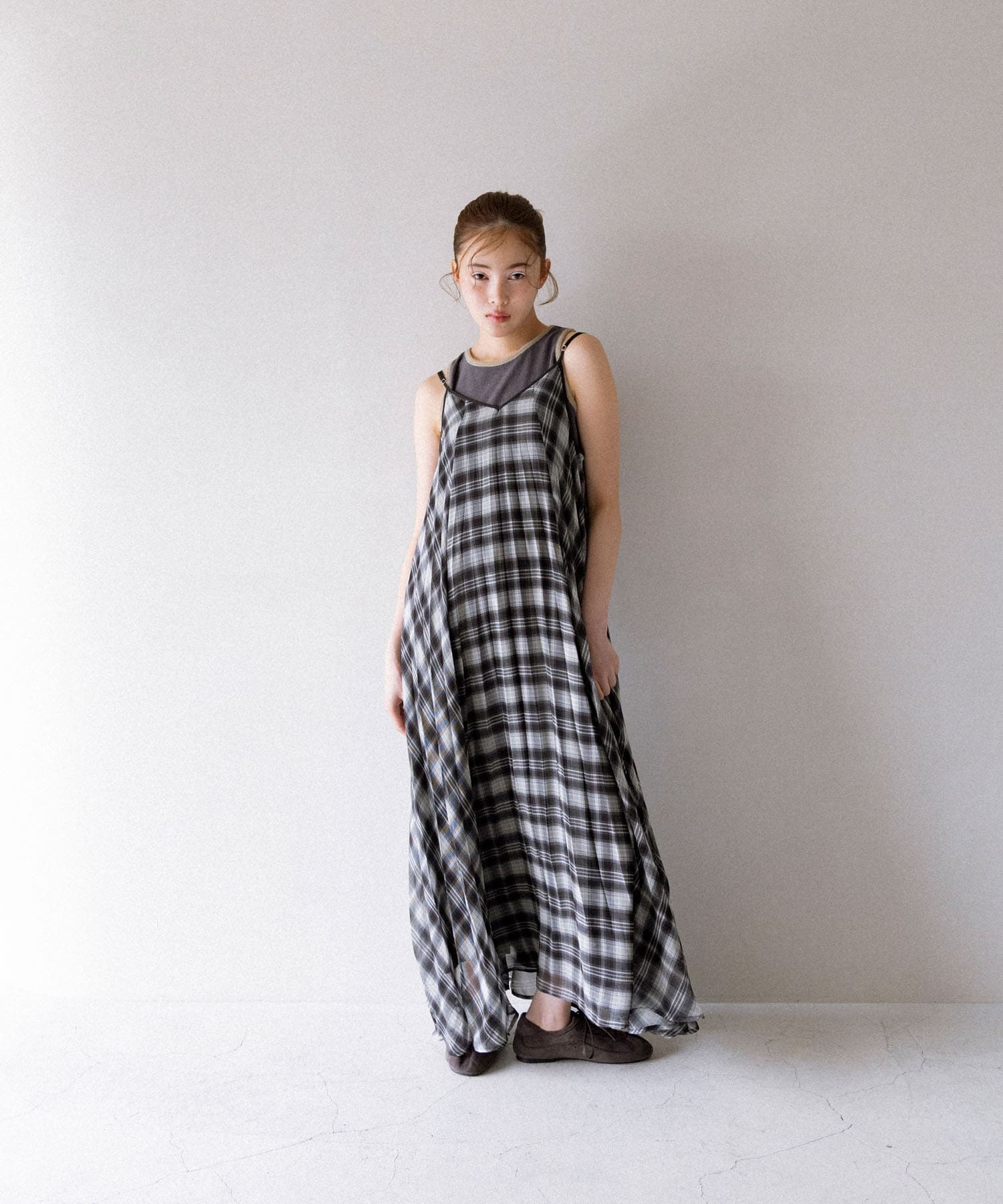 チェックプリーツキャミワンピース
