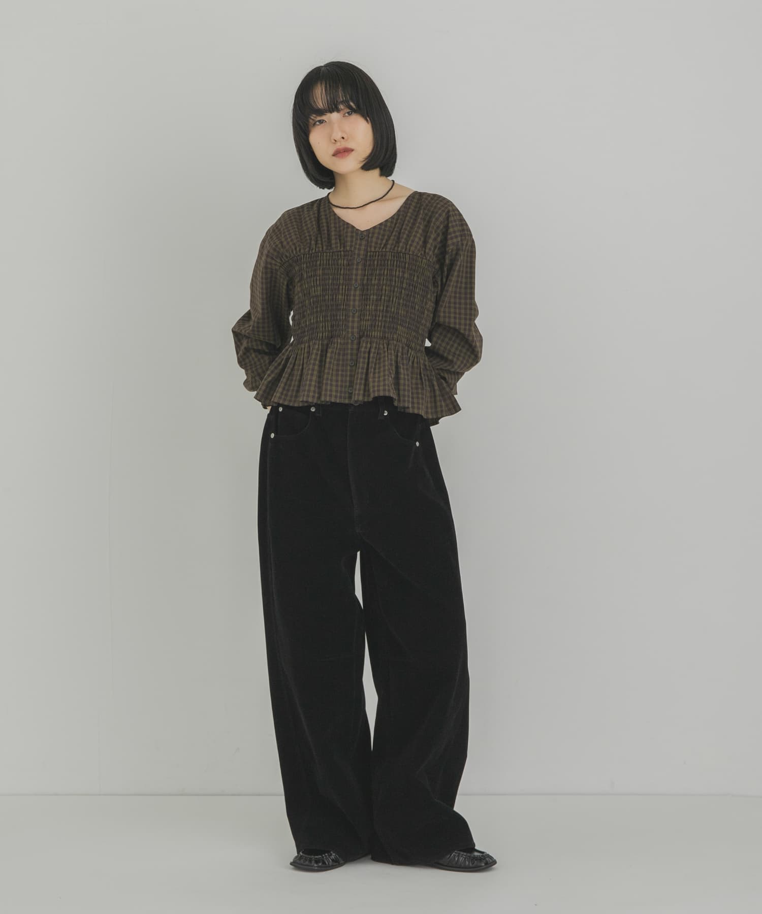 シャーリングチェックペプラムブラウス(One BRN×KHK): トップス｜URBAN