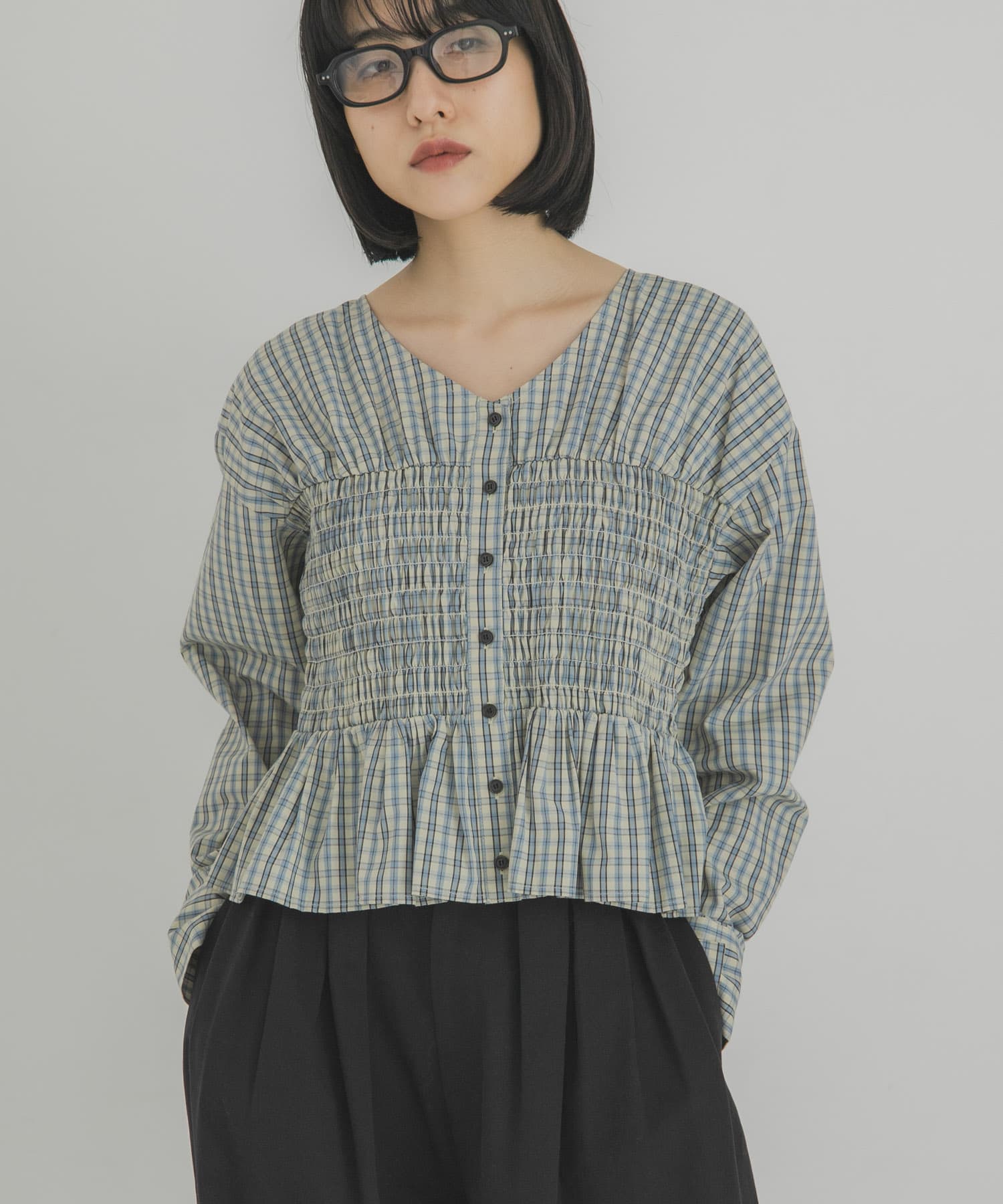 シャーリングチェックペプラムブラウス(One BRN×KHK): トップス｜URBAN