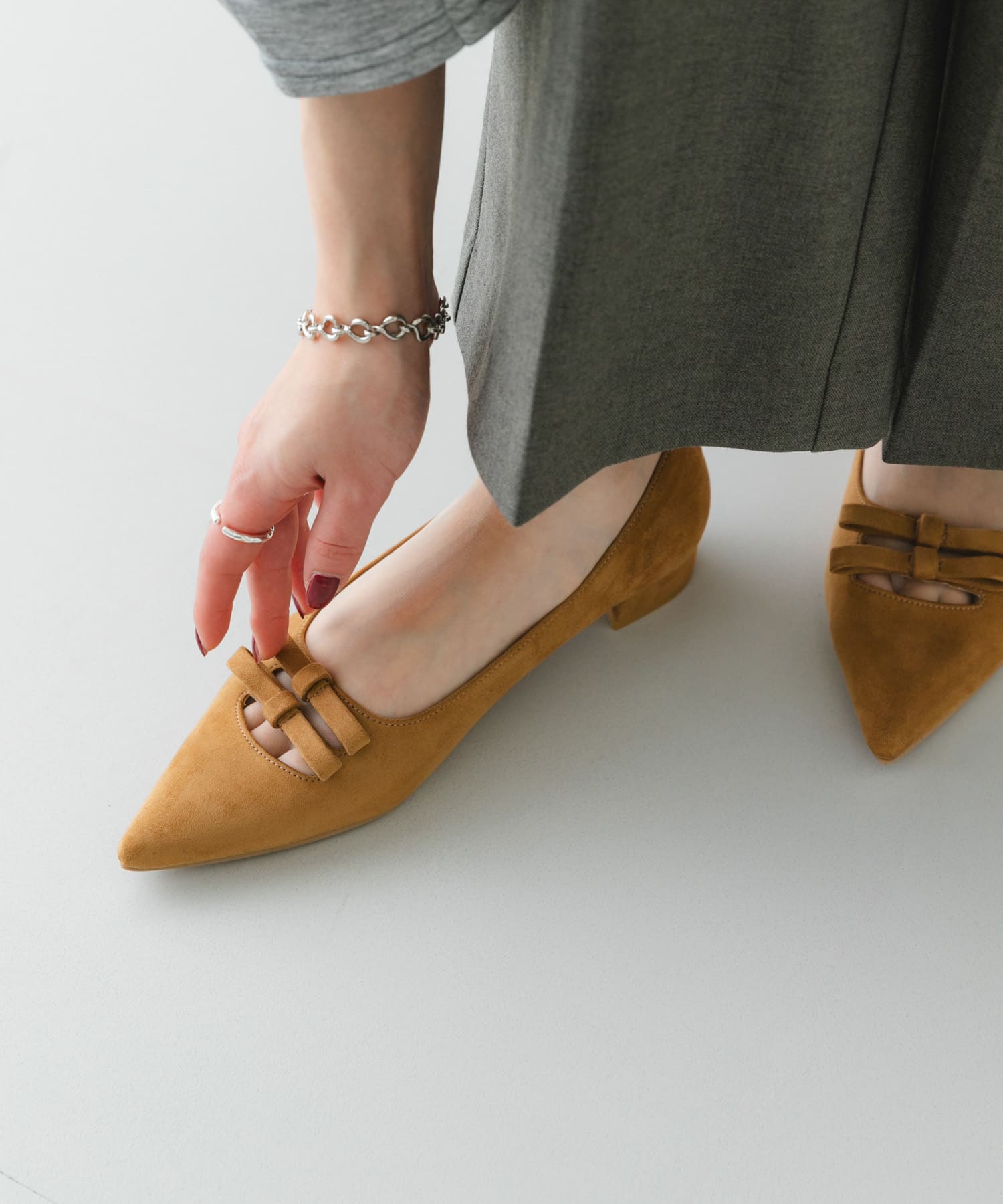 『MADE IN JAPAN』 ダブルリボンフラットパンプス CAMEL 36