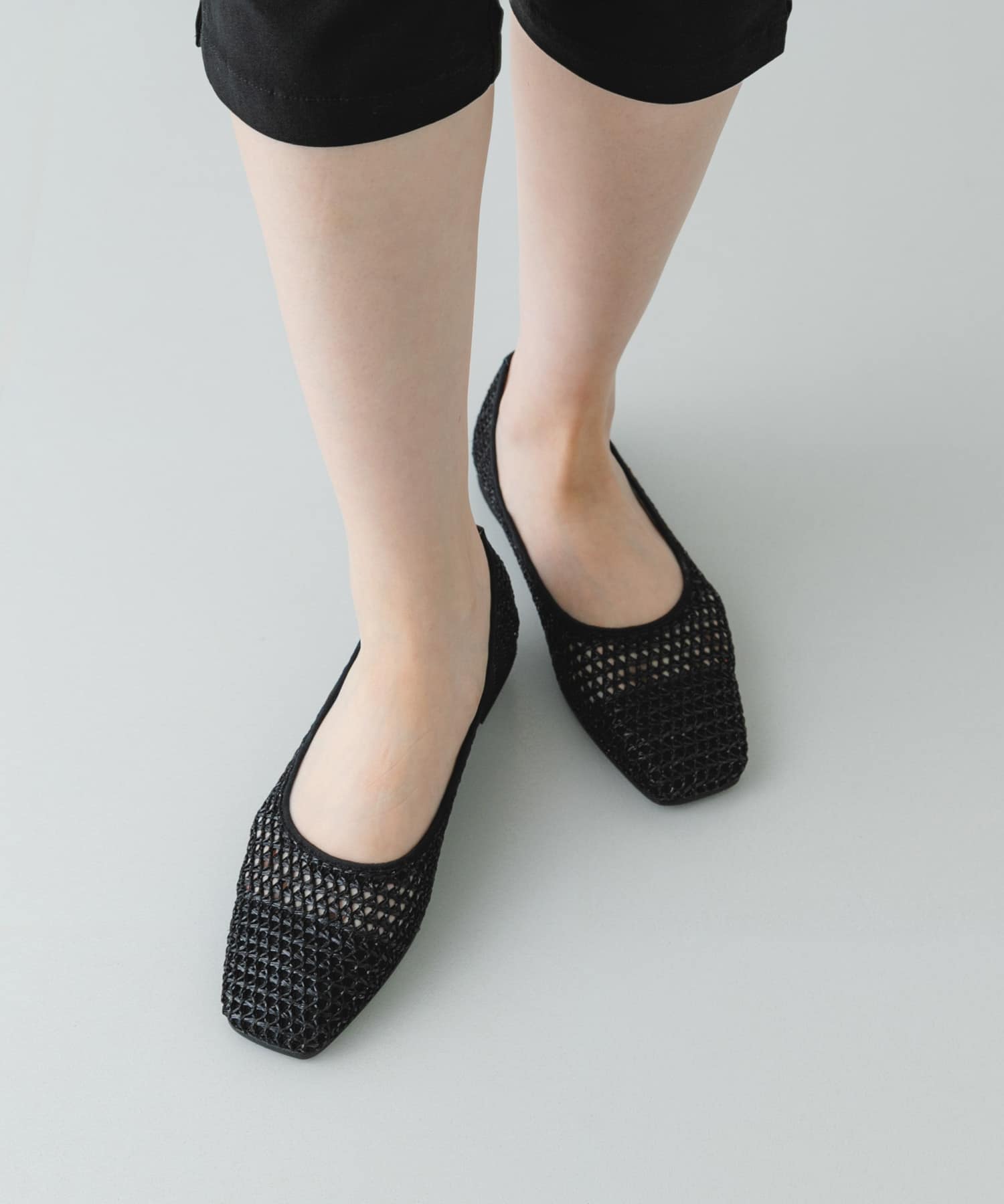 『MADE IN JAPAN』 スクエアメッシュフラットシューズ BLACK 36