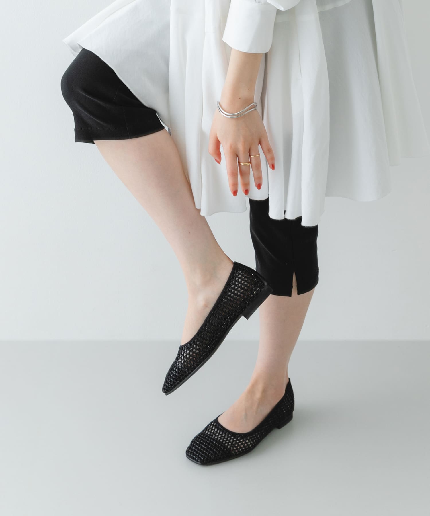 『MADE IN JAPAN』 スクエアメッシュフラットシューズ BLACK 36