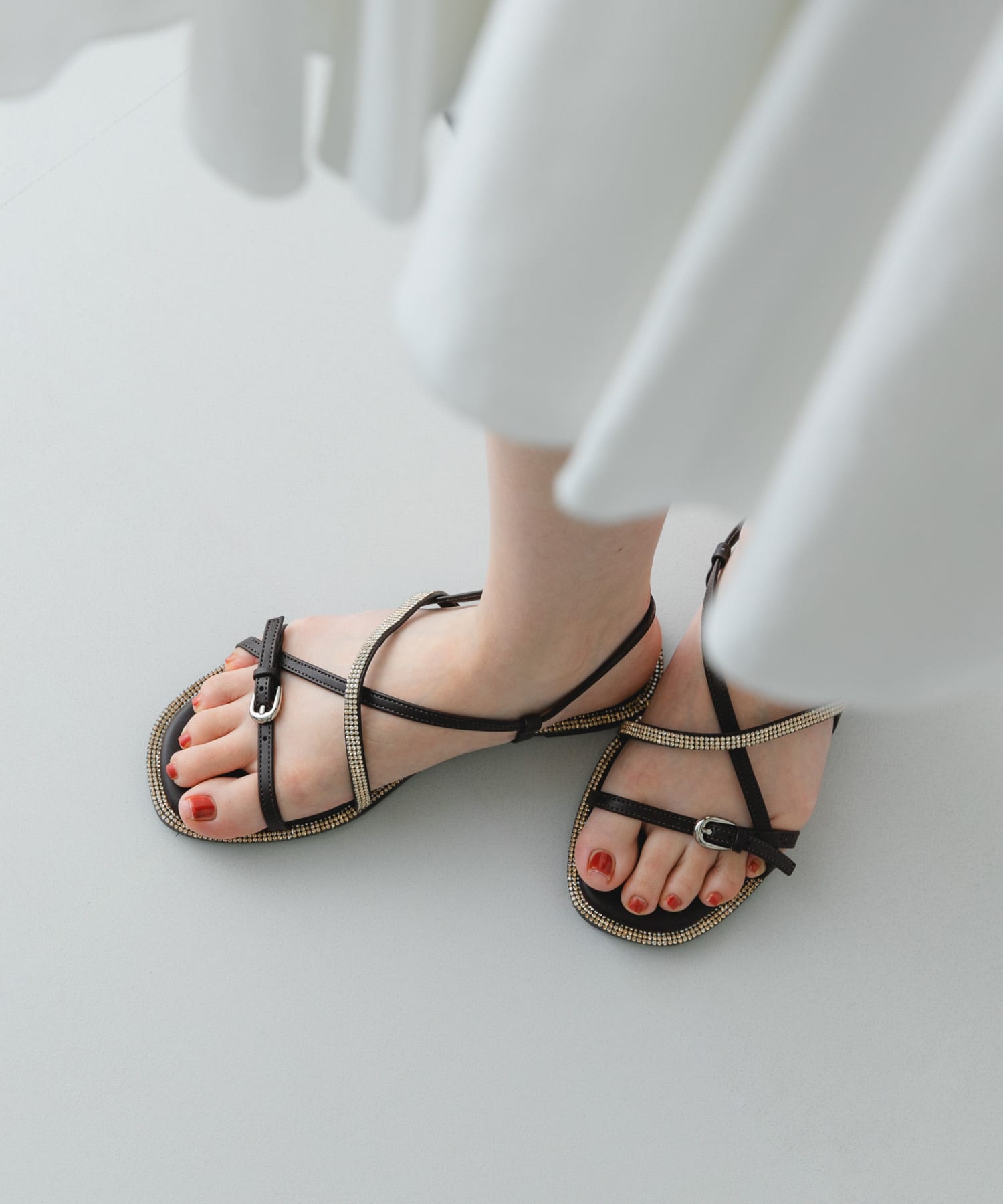 ラインストーンストラップサンダル DARK BROWN 36