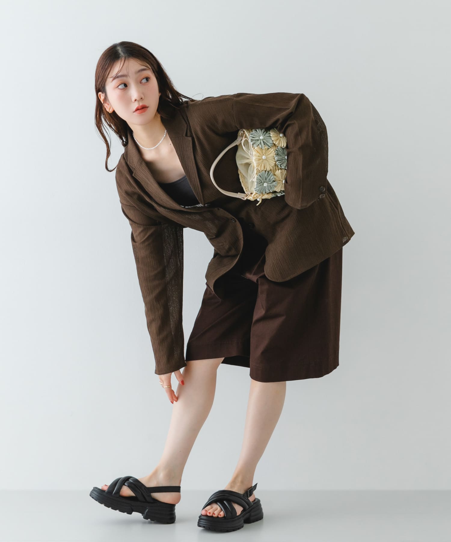 フラワーモチーフ雑材バケツバッグ MINT One