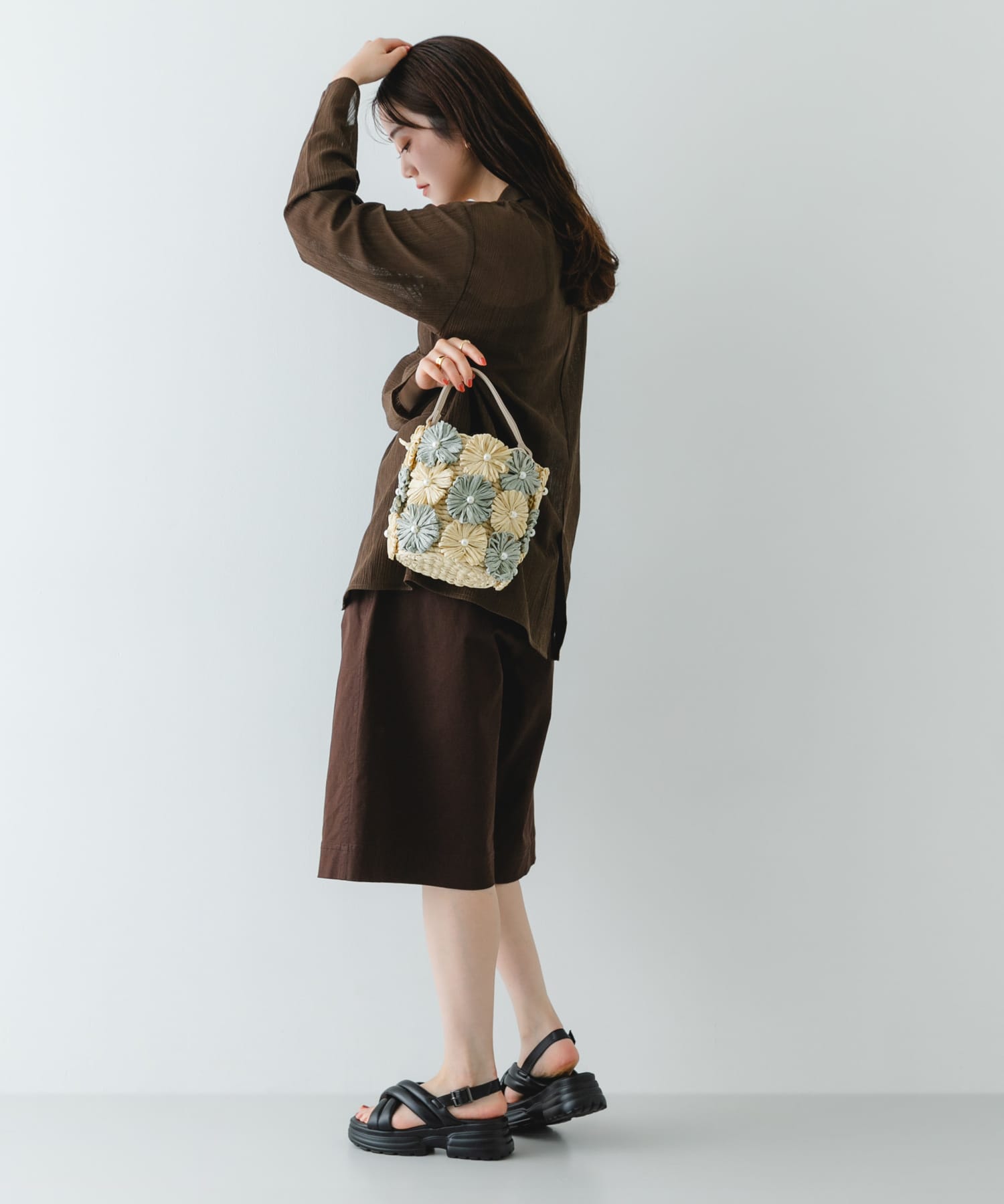 フラワーモチーフ雑材バケツバッグ MINT One