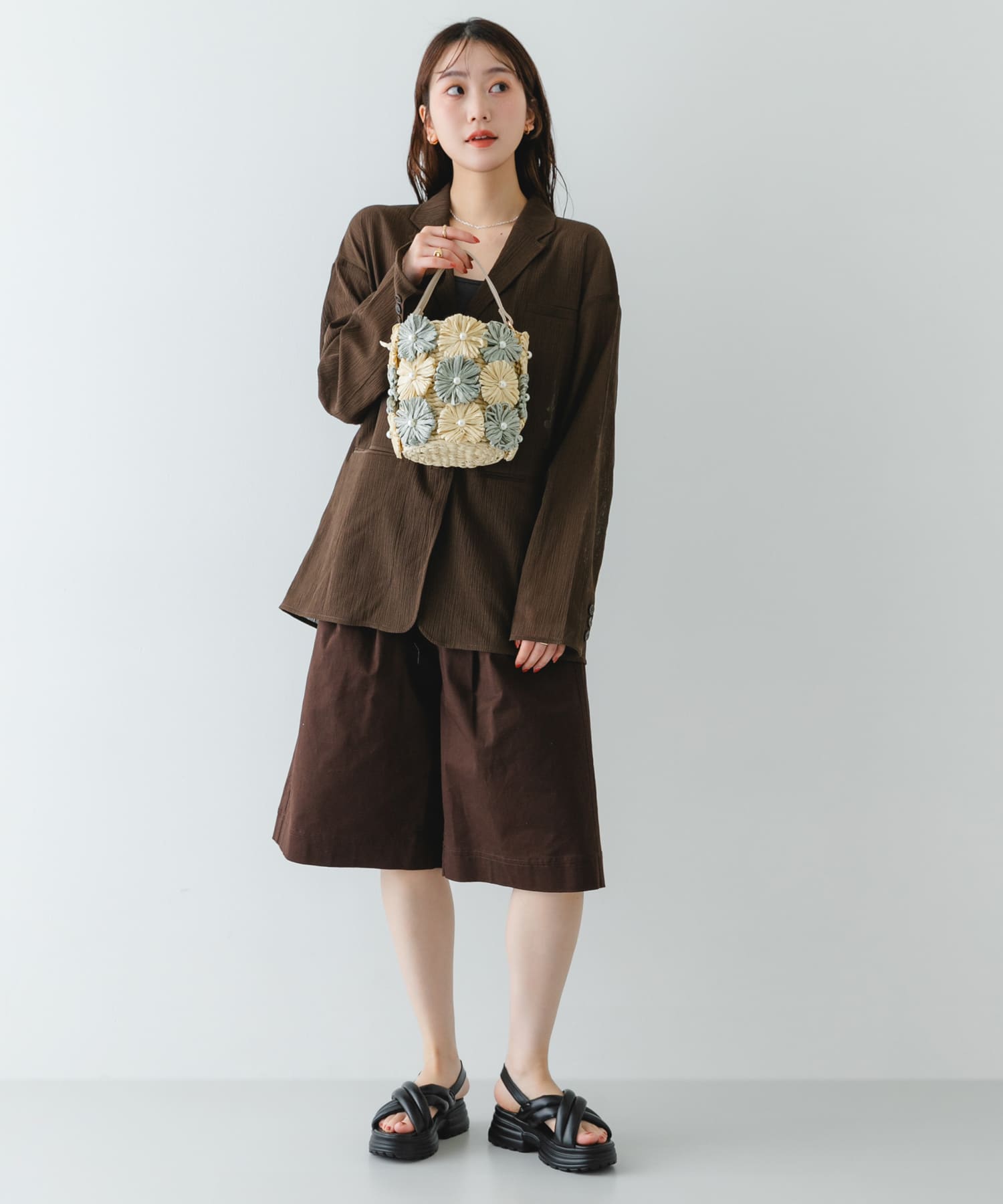 フラワーモチーフ雑材バケツバッグ MINT One