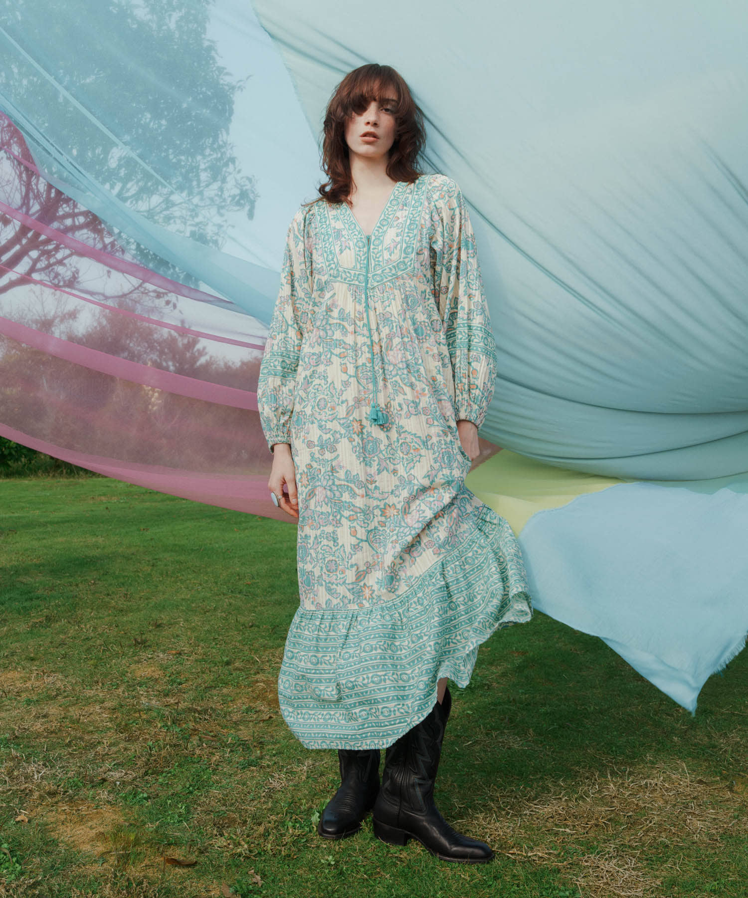 sara mallika　PAISLEY FLOWER PRINT DRESS GREEN S