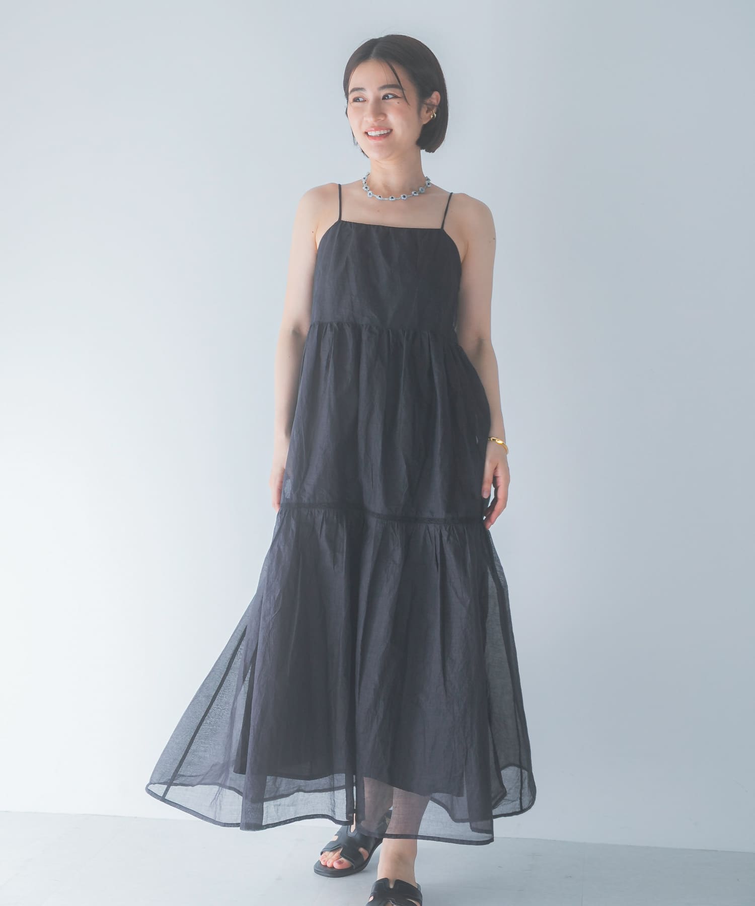 美品　マリリンムーン　ワンピース　黒　マキシ丈　ティアード 2Way 25SS MARILYN MOON SHEER TIERED DRESS(Free BEIGE): ワンピース｜URBAN