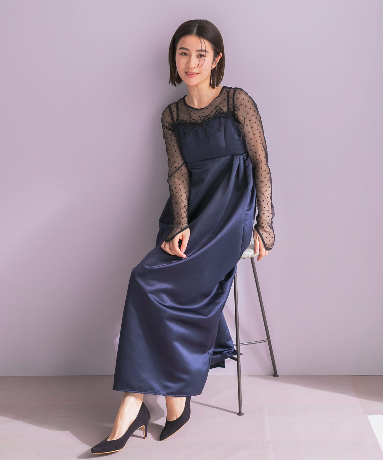 ANDRESD RIBBONS DRESS×SHEER TOPS(M NAVY): ドレスライン｜URBAN