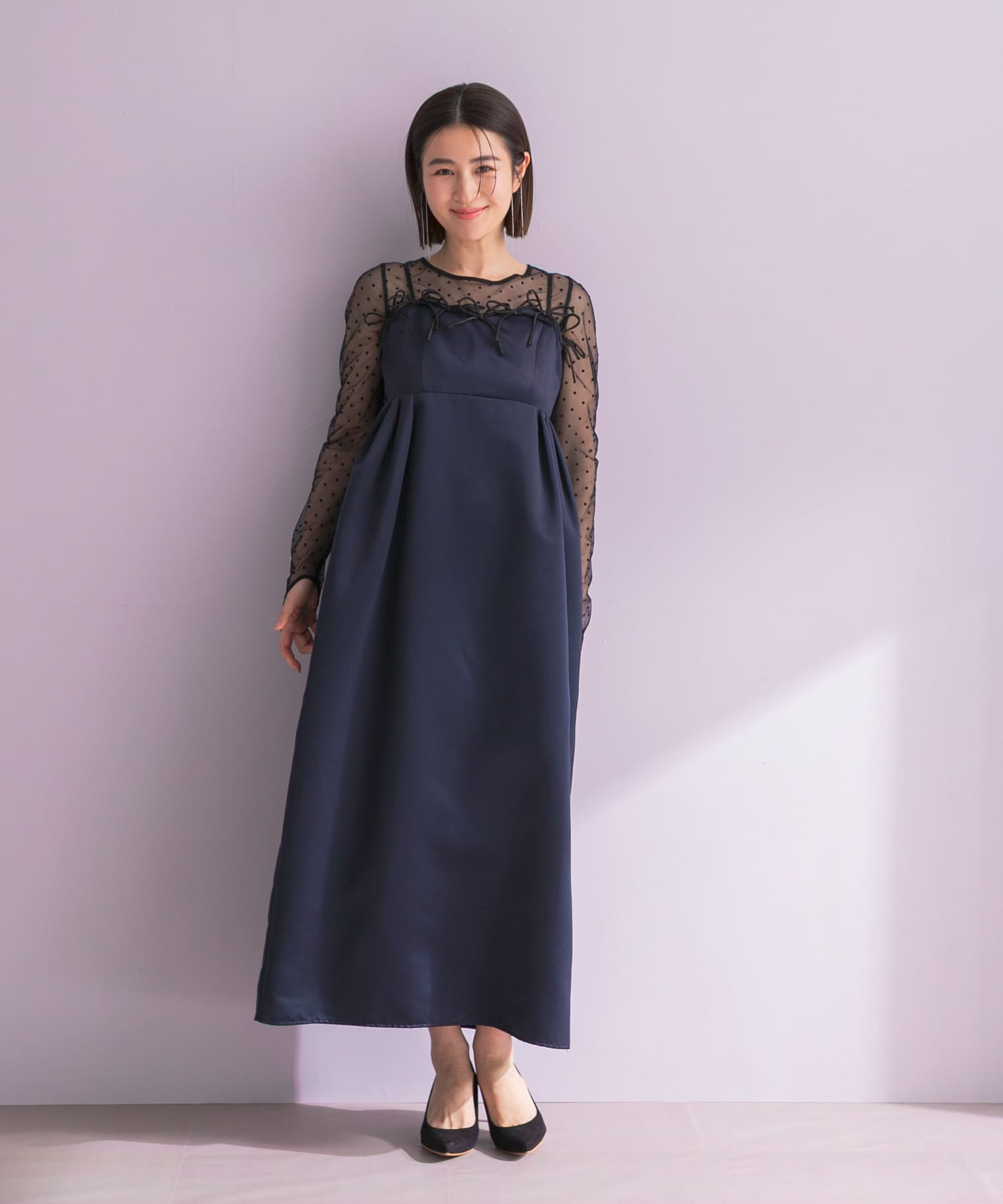 ANDRESD RIBBONS DRESS×SHEER TOPS(M NAVY): ドレスライン｜URBAN