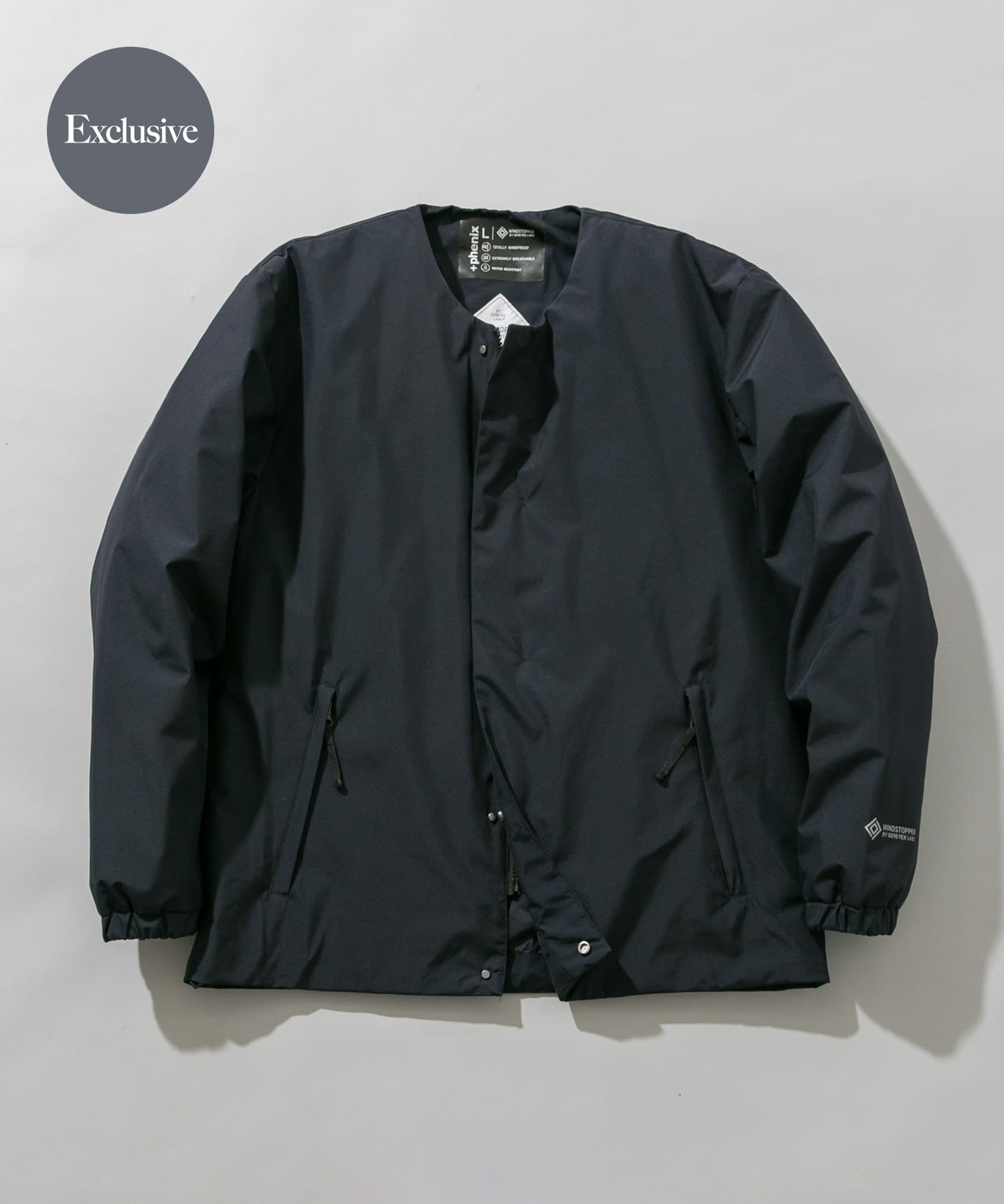 『別注』+phenix　WINDSTOPPER by GORE-TEX LABS ノーカラーダウンジャケット NAVY S
