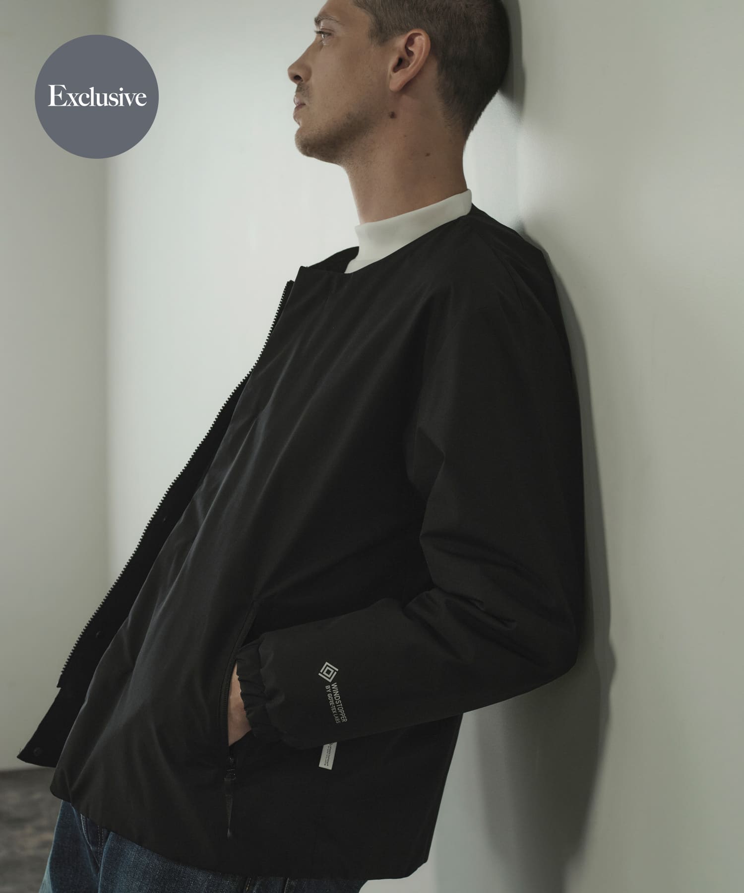 『別注』+phenix　WINDSTOPPER by GORE-TEX LABS ノーカラーダウンジャケット