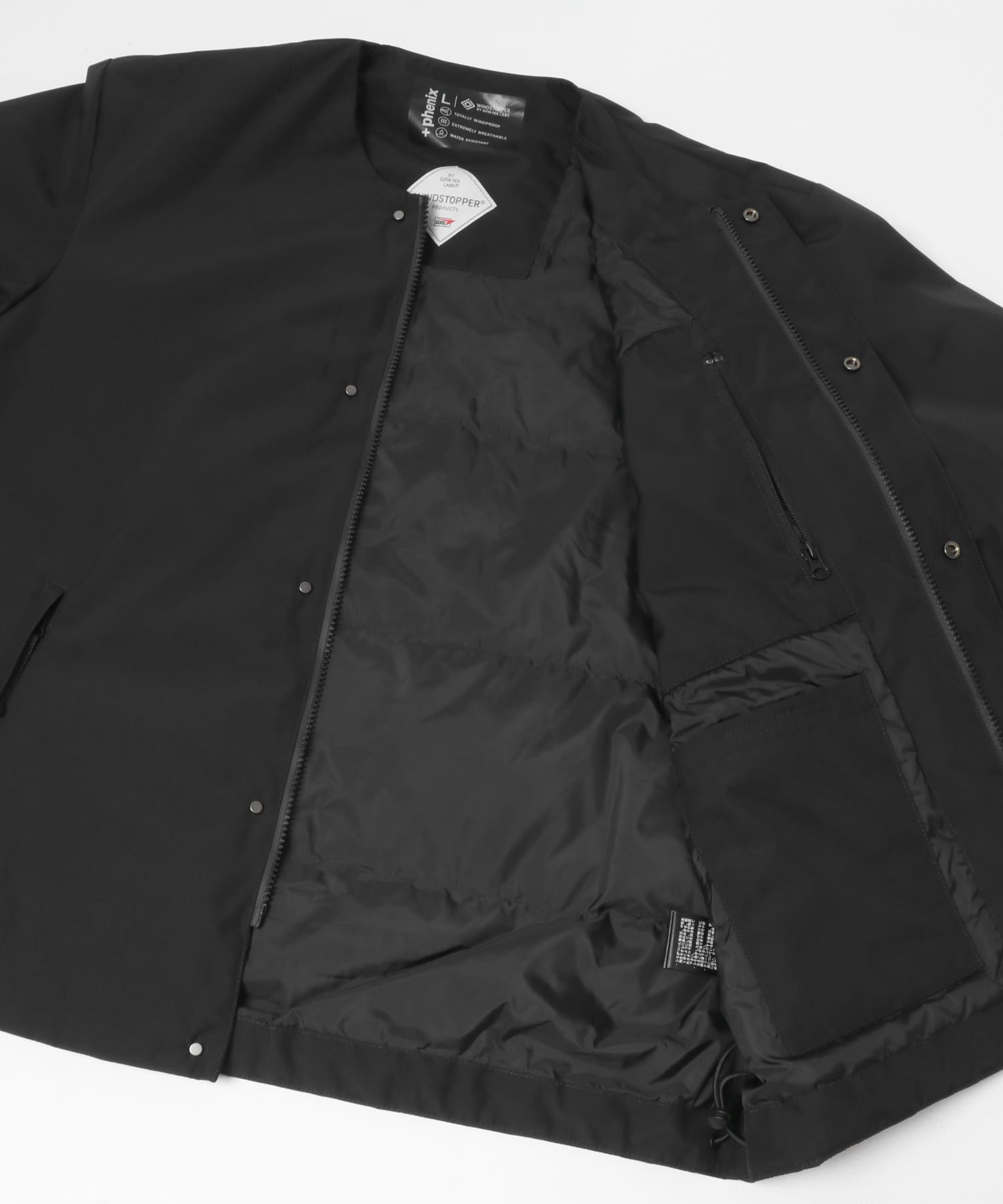 『別注』+phenix　WINDSTOPPER by GORE-TEX LABS ノーカラーダウンジャケット BLACK S