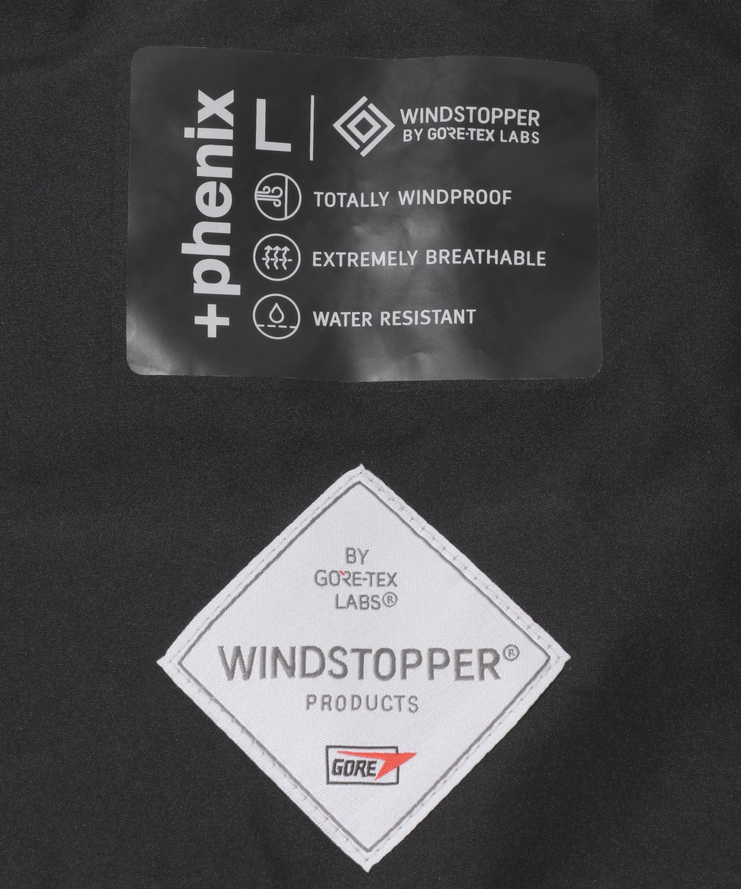 『別注』+phenix　WINDSTOPPER by GORE-TEX LABS ノーカラーダウンジャケット BLACK M