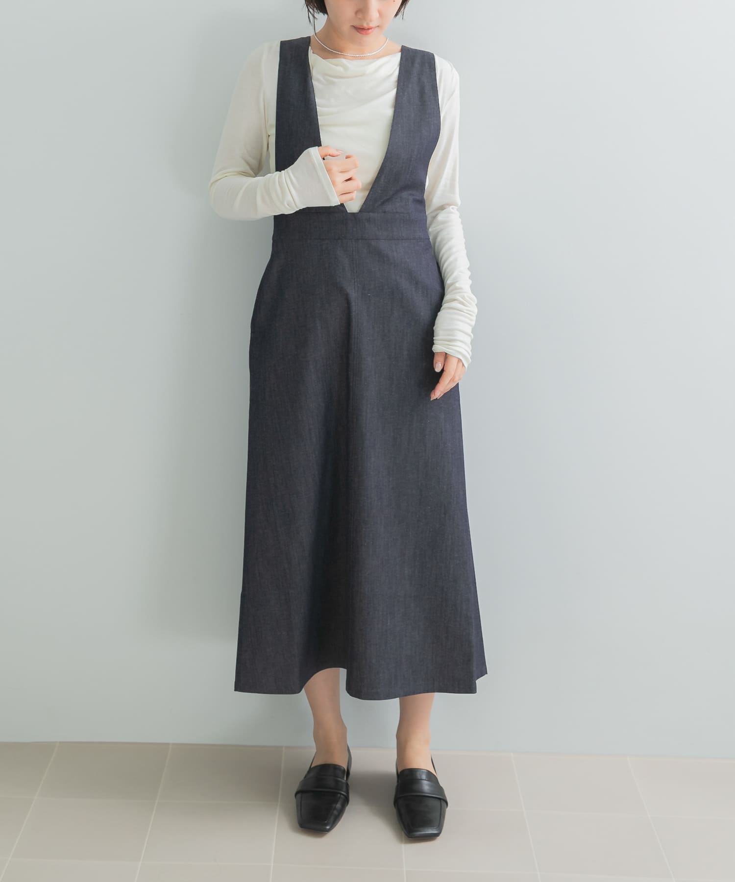MARILYN MOON DENIM JUMPER SKIRT(Free INDIGONAVY): ワンピース