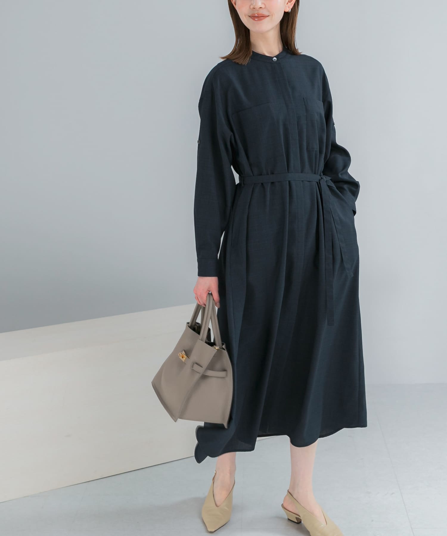 ウォッシャブルリネンライクシャツワンピース(Free NAVY): ワンピース