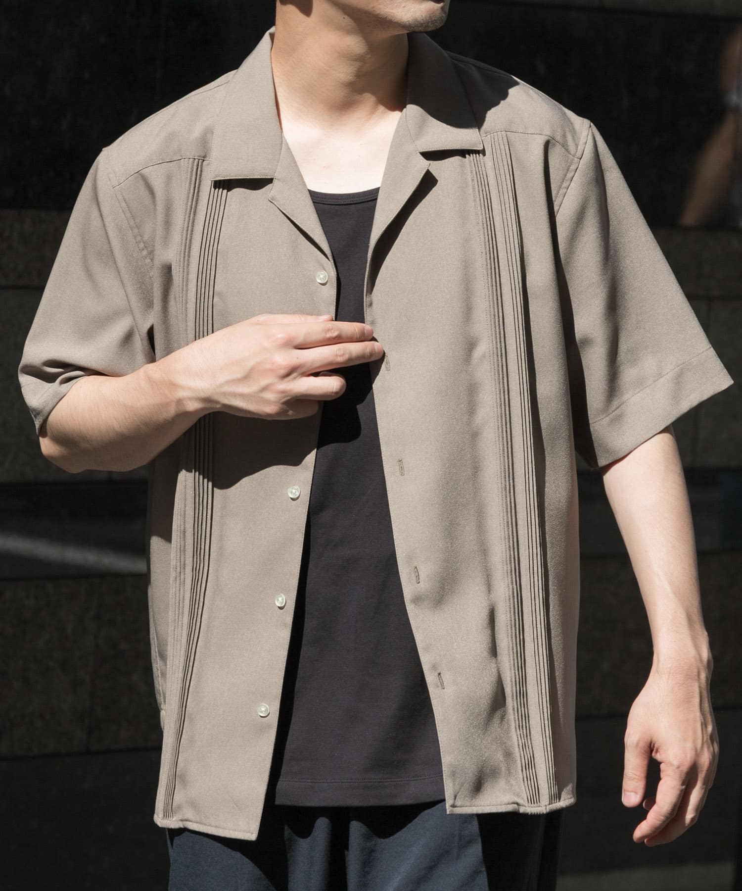 セットアップ対応』『防シワ』サマーウール調キューバシャツ(M BEIGE