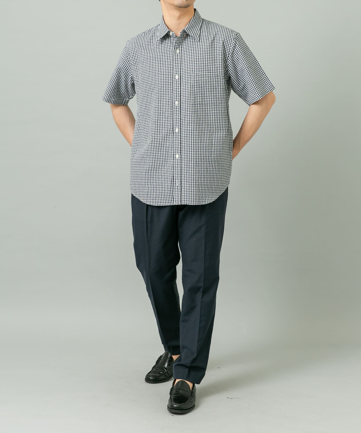 『イージーケア / XLサイズあり』ハイパフォーマンスリネン半袖シャツ NAVY CHK M