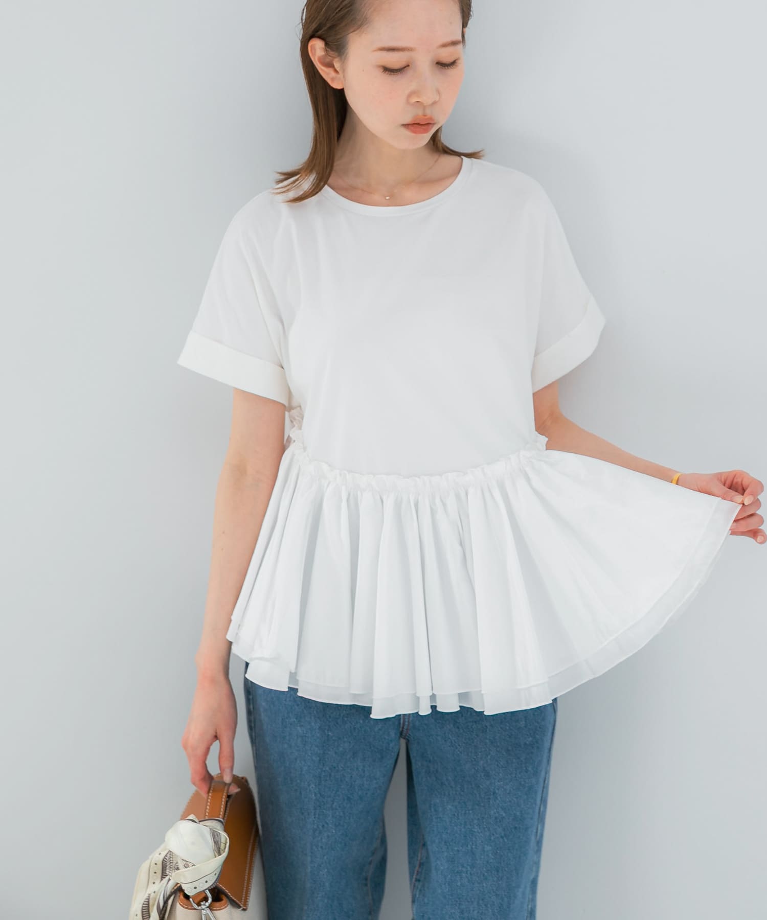 タフタドッキングティアードTEEブラウス(Free OFF WHITE): トップス