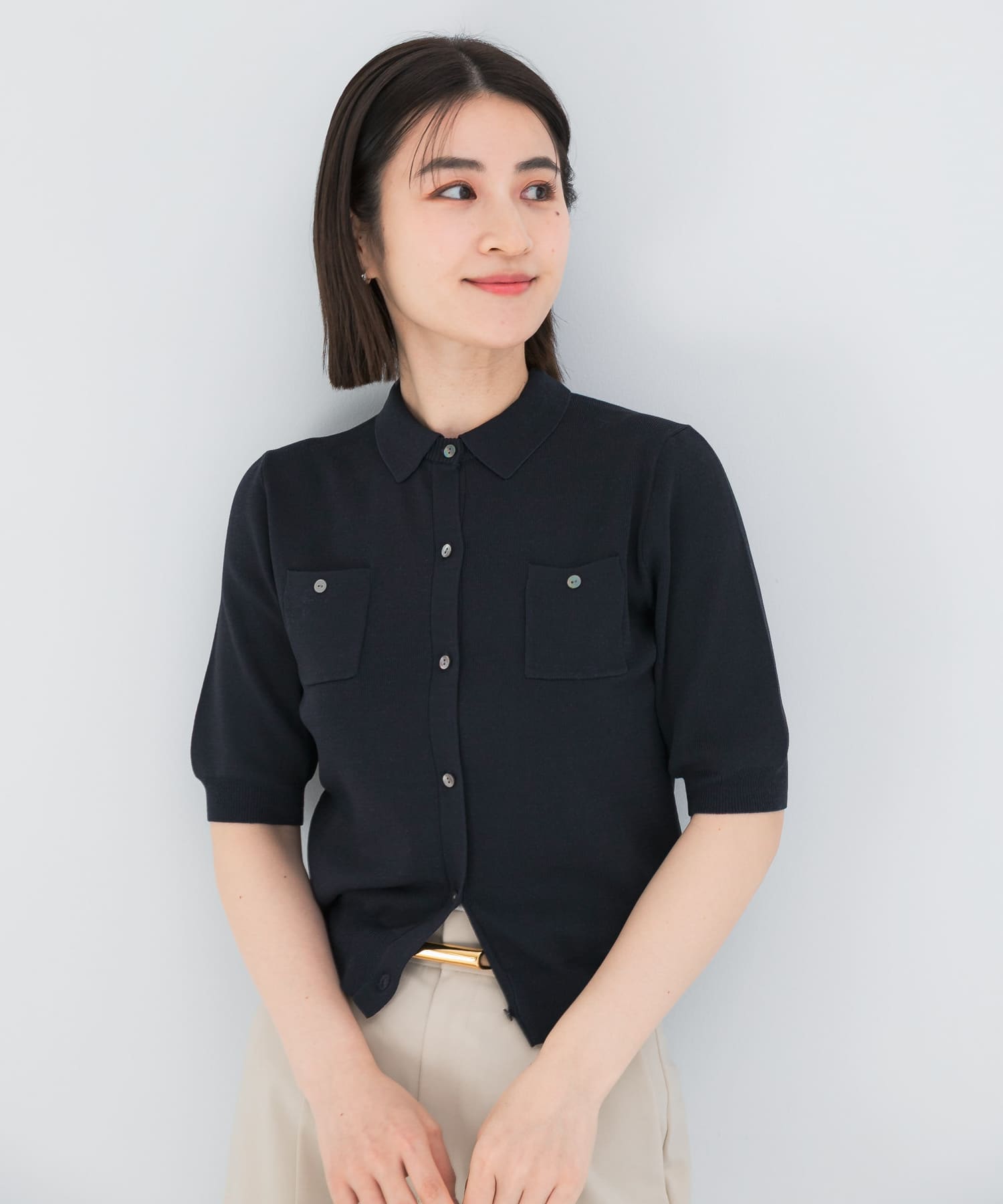 襟付コンパクト5分袖カーディガン