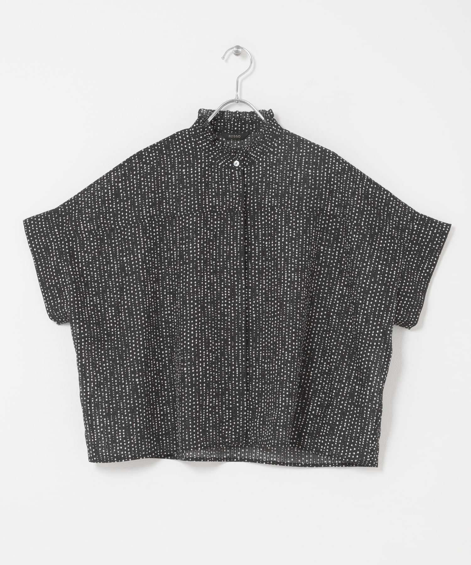 ウォッシャブルドットフリルネックブラウス BLACK DOT Free