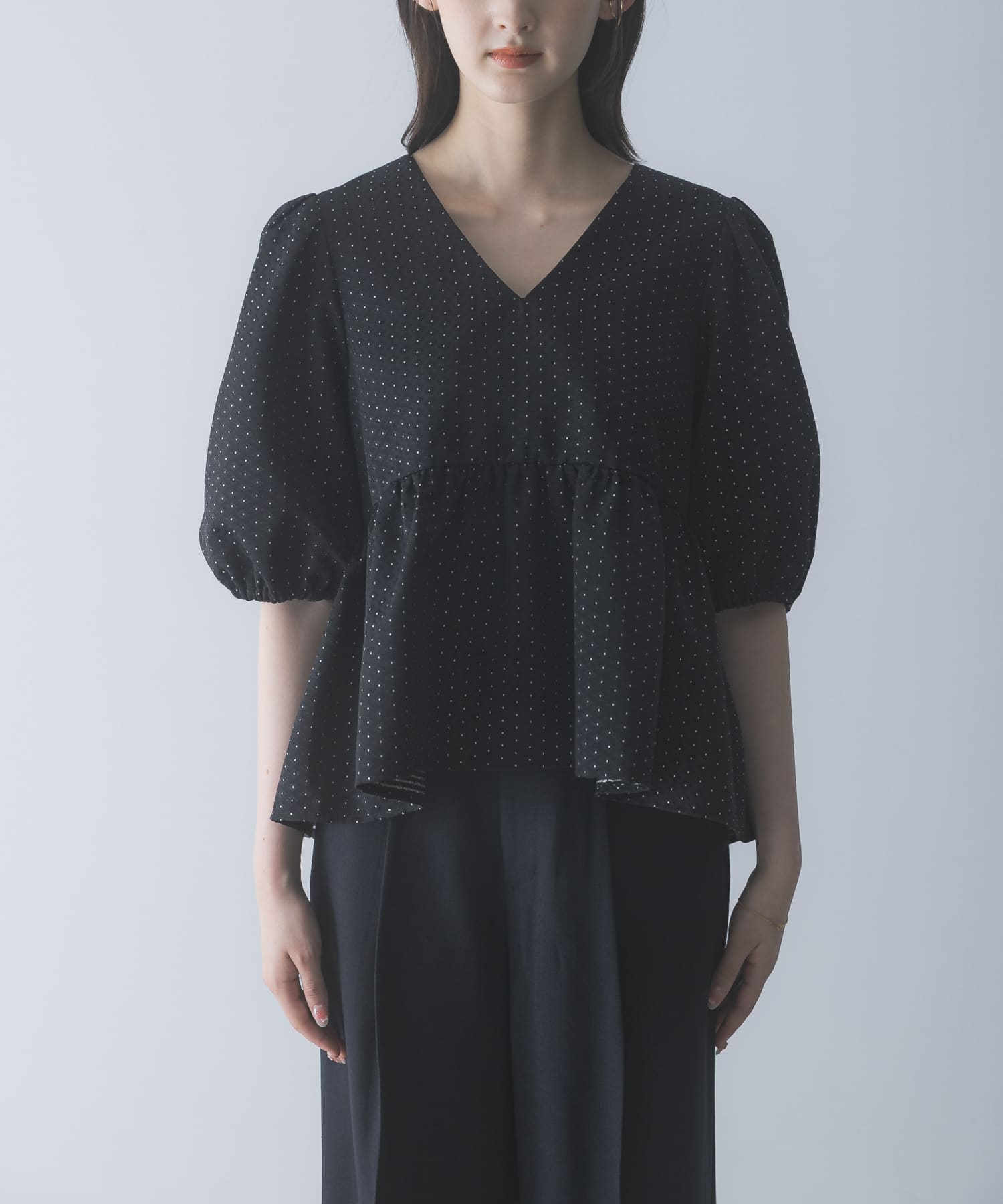 WEB限定』ジャガードペプラムVネックブラウス(Free NAVY): トップス