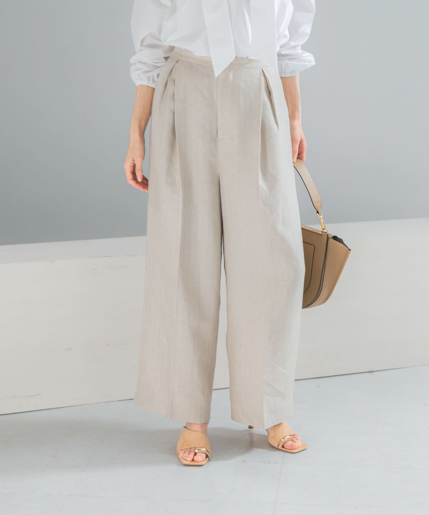 ラメリネンストライプワイドパンツ