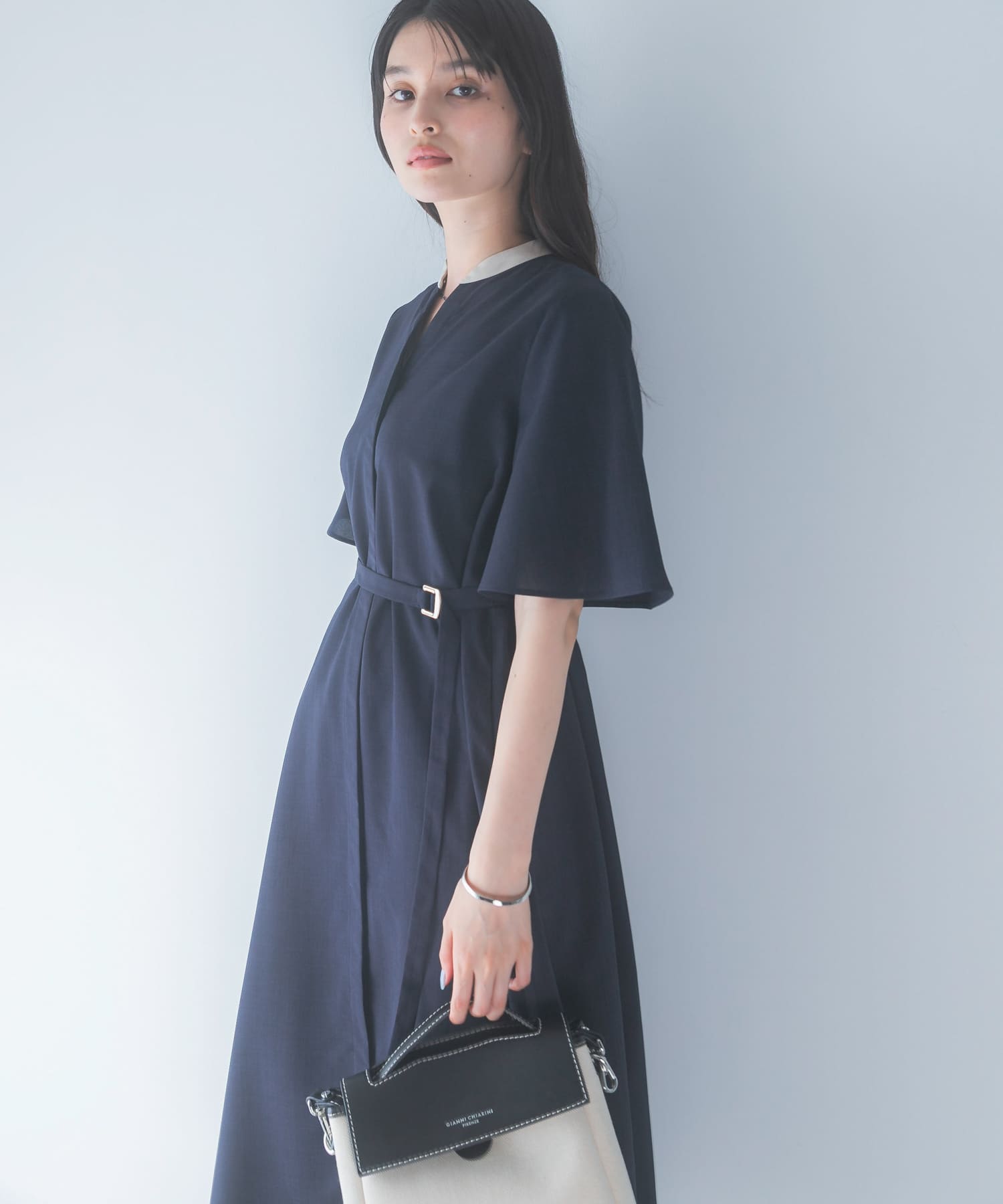 ウォッシャブルフレアスリーブワンピース(Free NAVY): ワンピース