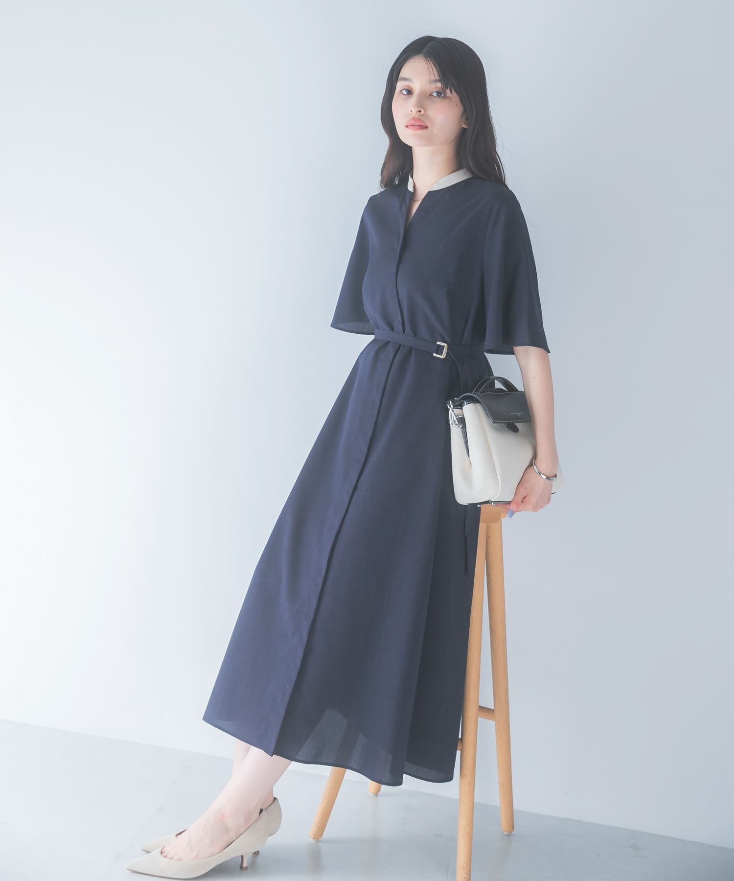 ウォッシャブルフレアスリーブワンピース(Free NAVY): ワンピース