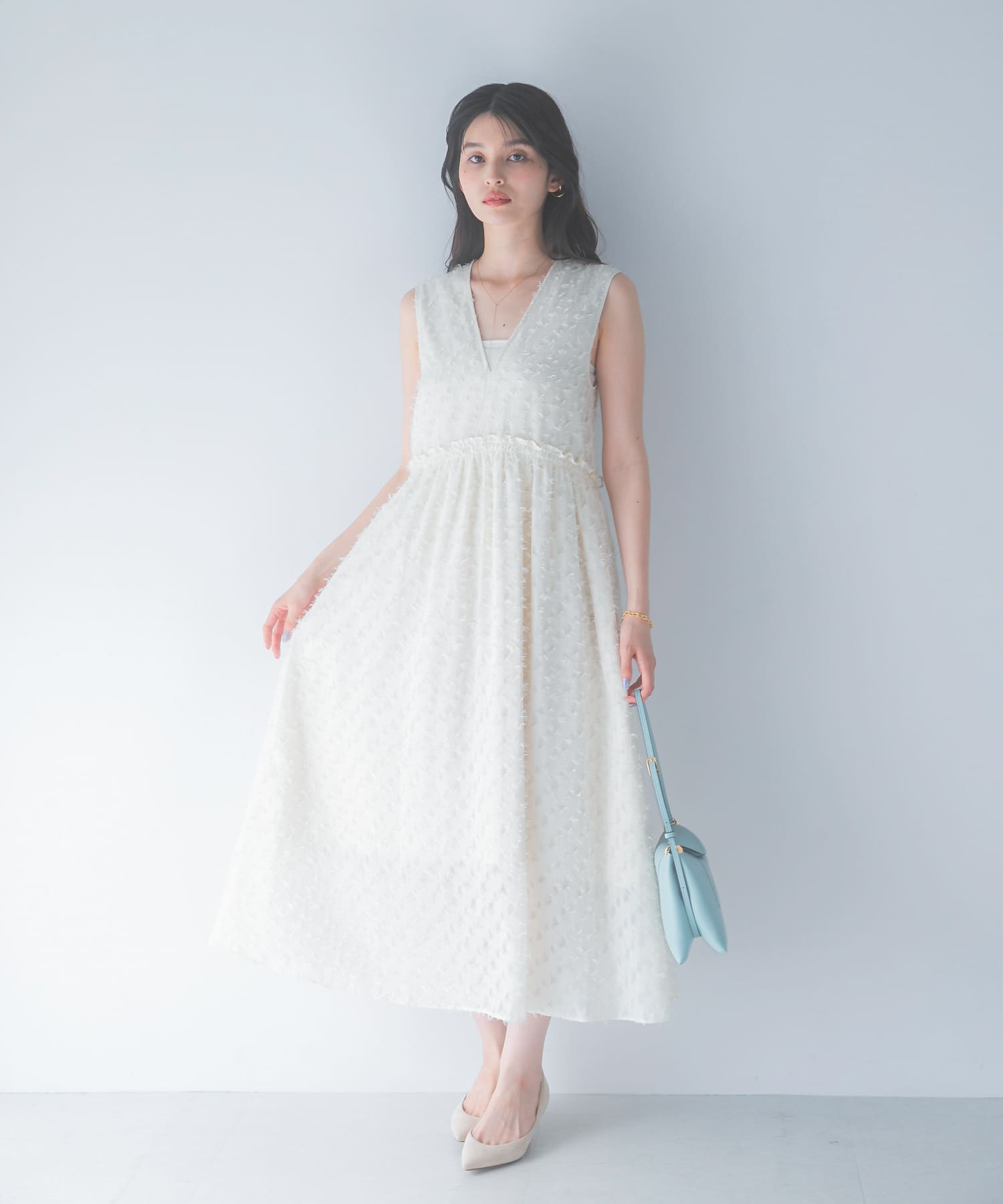 カットジャガードVネックワンピース(Free OFF WHITE): ワンピース