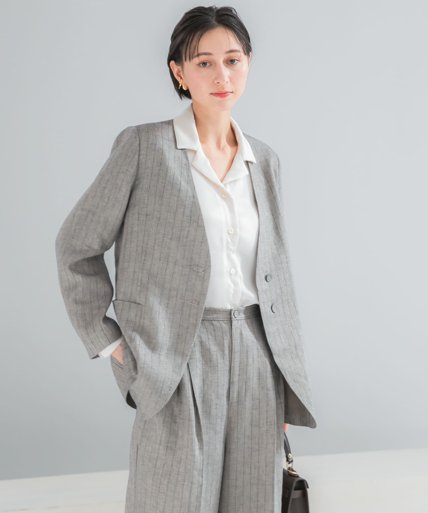 ラメリネンストライプノーカラージャケット