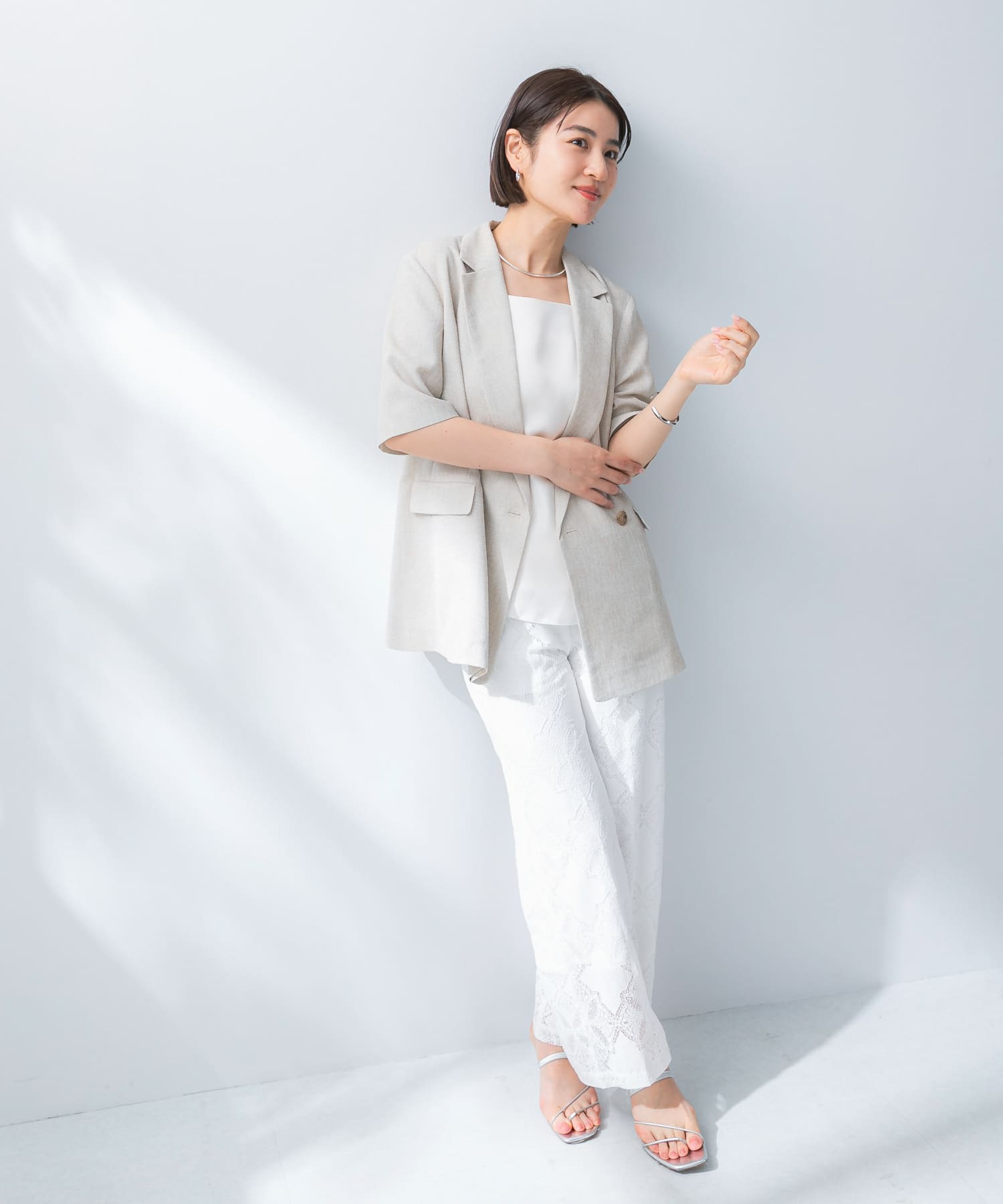防シワ リネンライクハーフスリーブジャケット(36 L.BEIGE): アウター